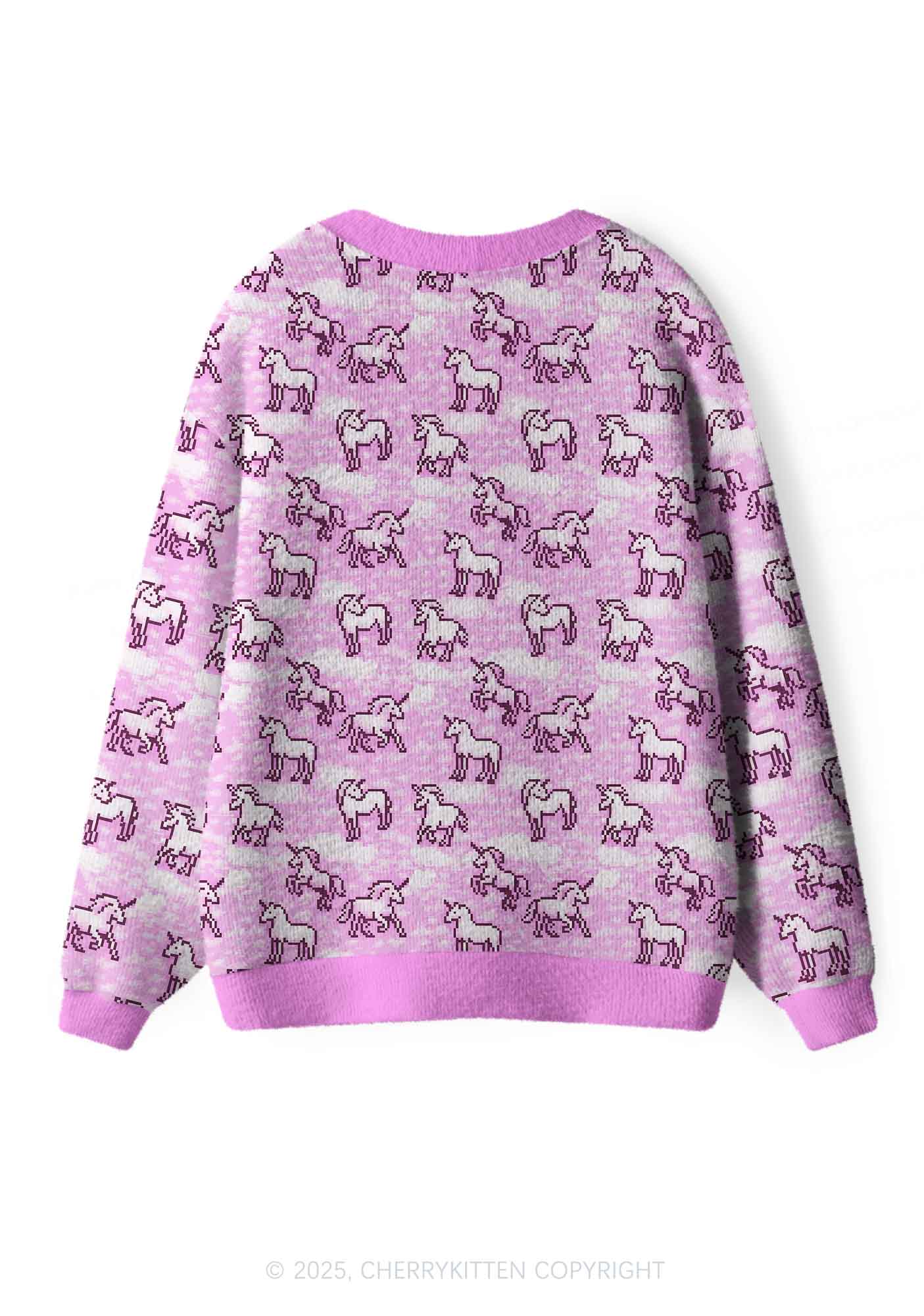 Pink Unicorn Y2K Christmas Cardigan Knit Sweatshirt Cherrykitten - Image 2