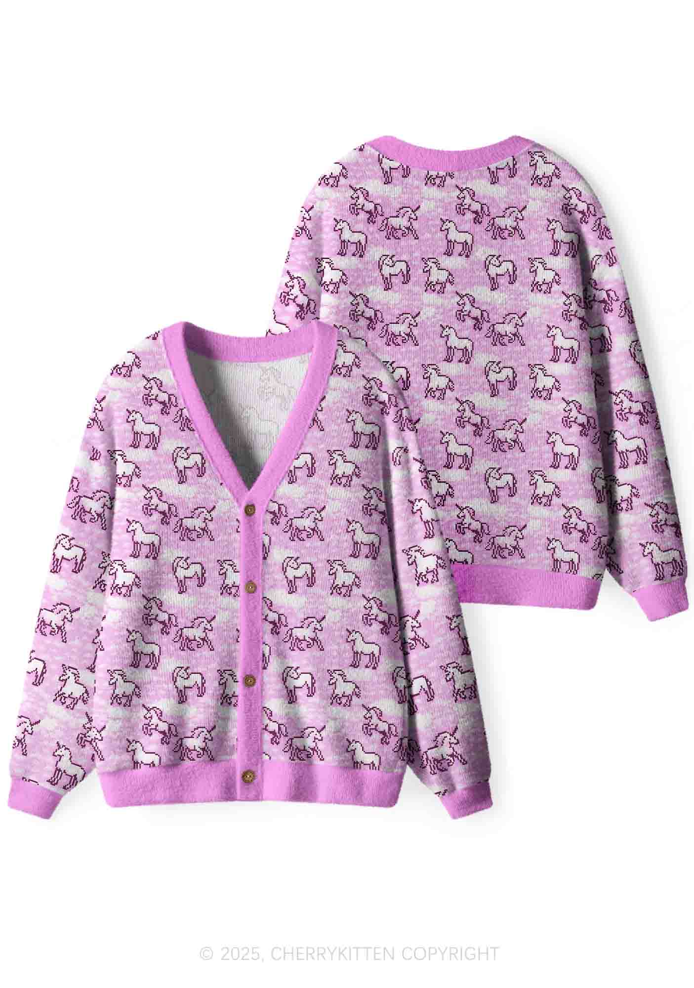 Pink Unicorn Y2K Christmas Cardigan Knit Sweatshirt Cherrykitten - Image 3