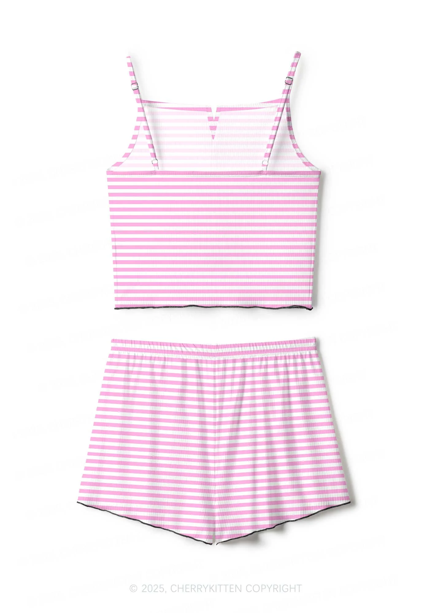 Pink White Stripe Valentine's Day Y2K Print Cami Shorts Pajama Set Cherrykitten - Image 2
