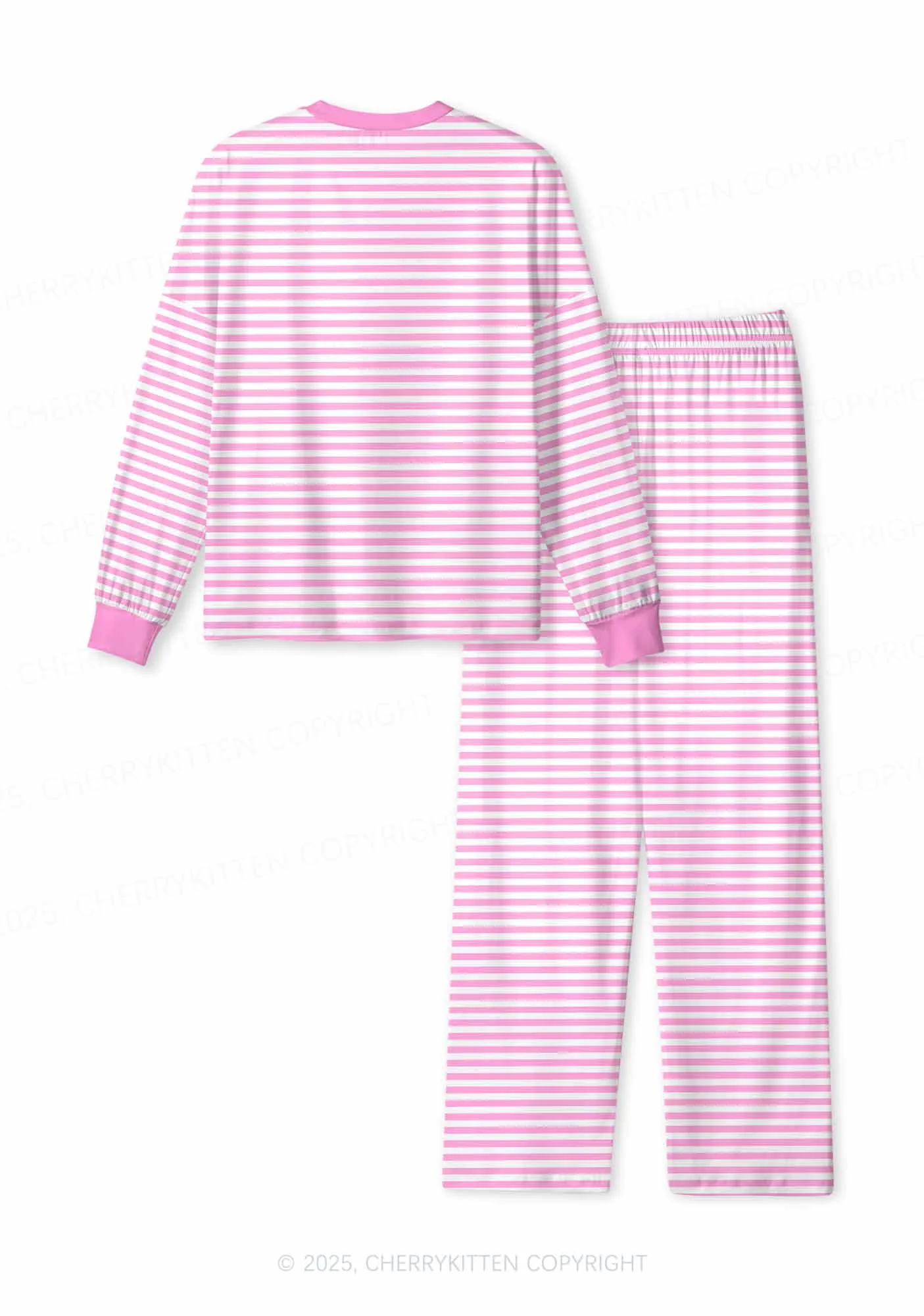 Pink White Stripe Valentine's Day Y2K Print Long Sleeve Pajama Set Cherrykitten - Image 2