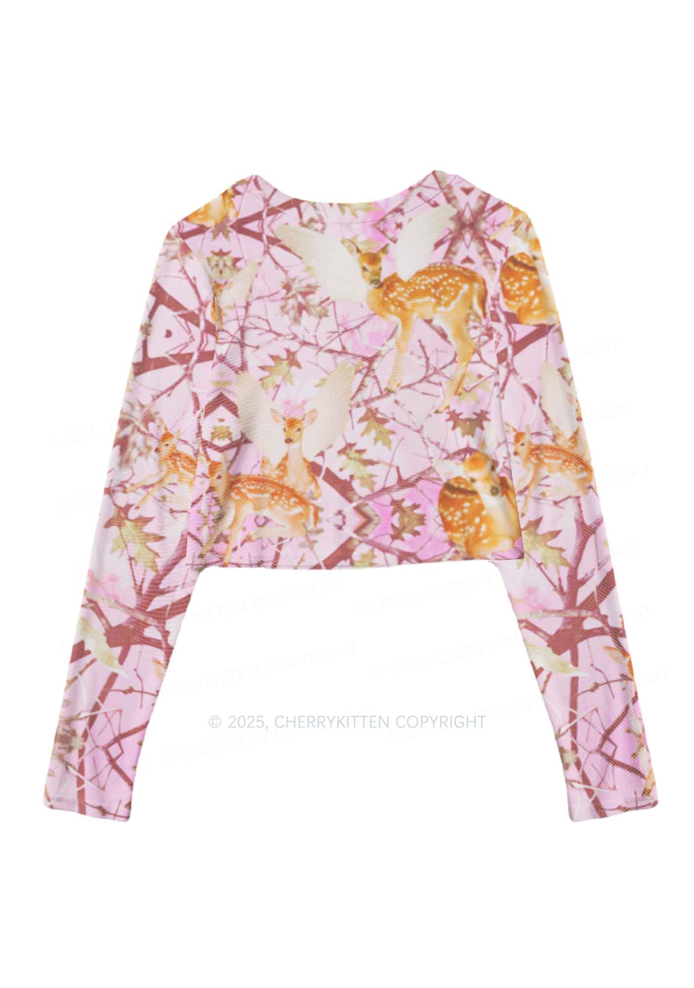 Pink Wood Deer Y2K Mesh Long Sleeve Crop Top Cherrykitten - Image 3