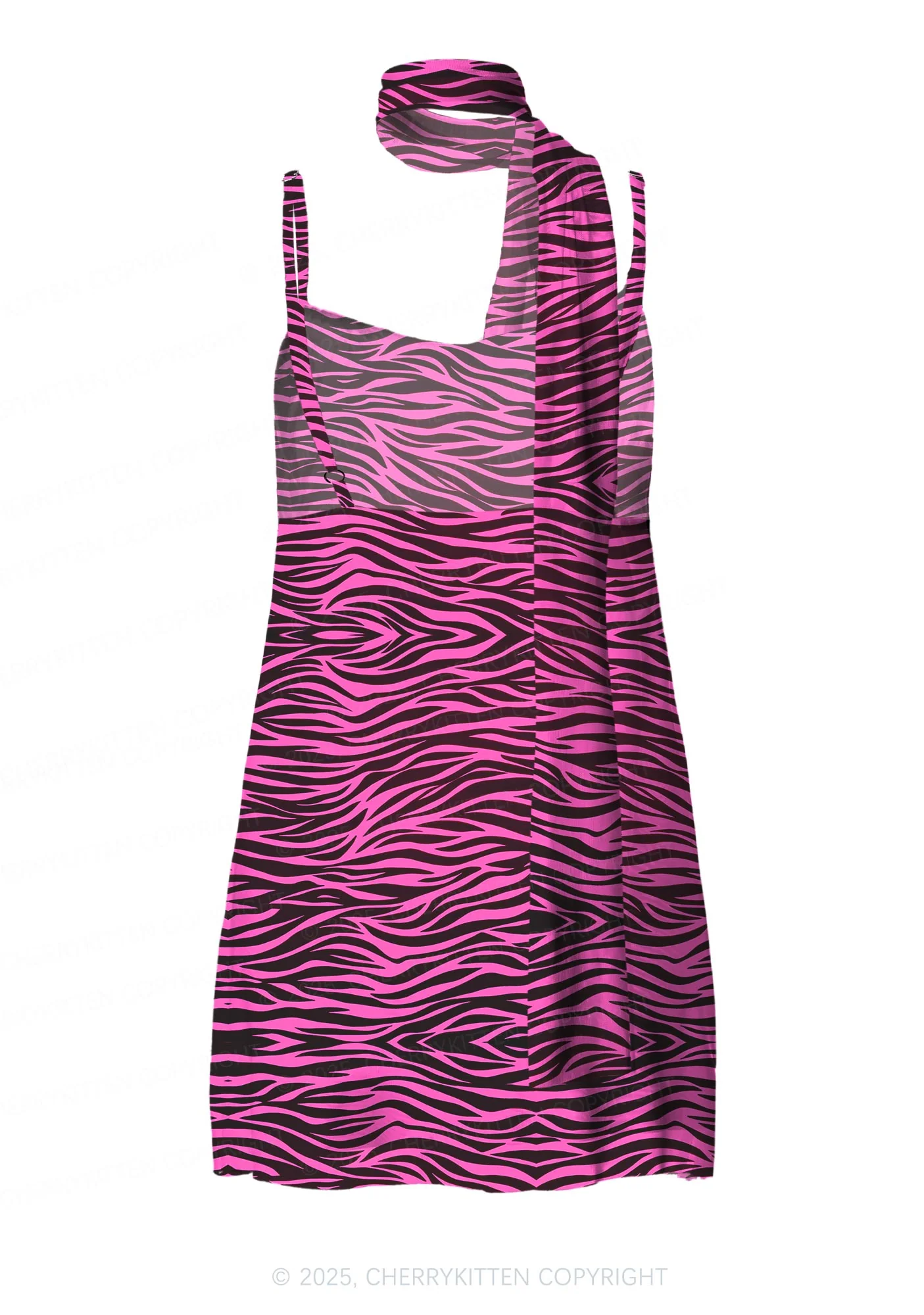 Pink Zebra Y2K Mesh Slip Dress With Scarf Set Cherrykitten - Image 3