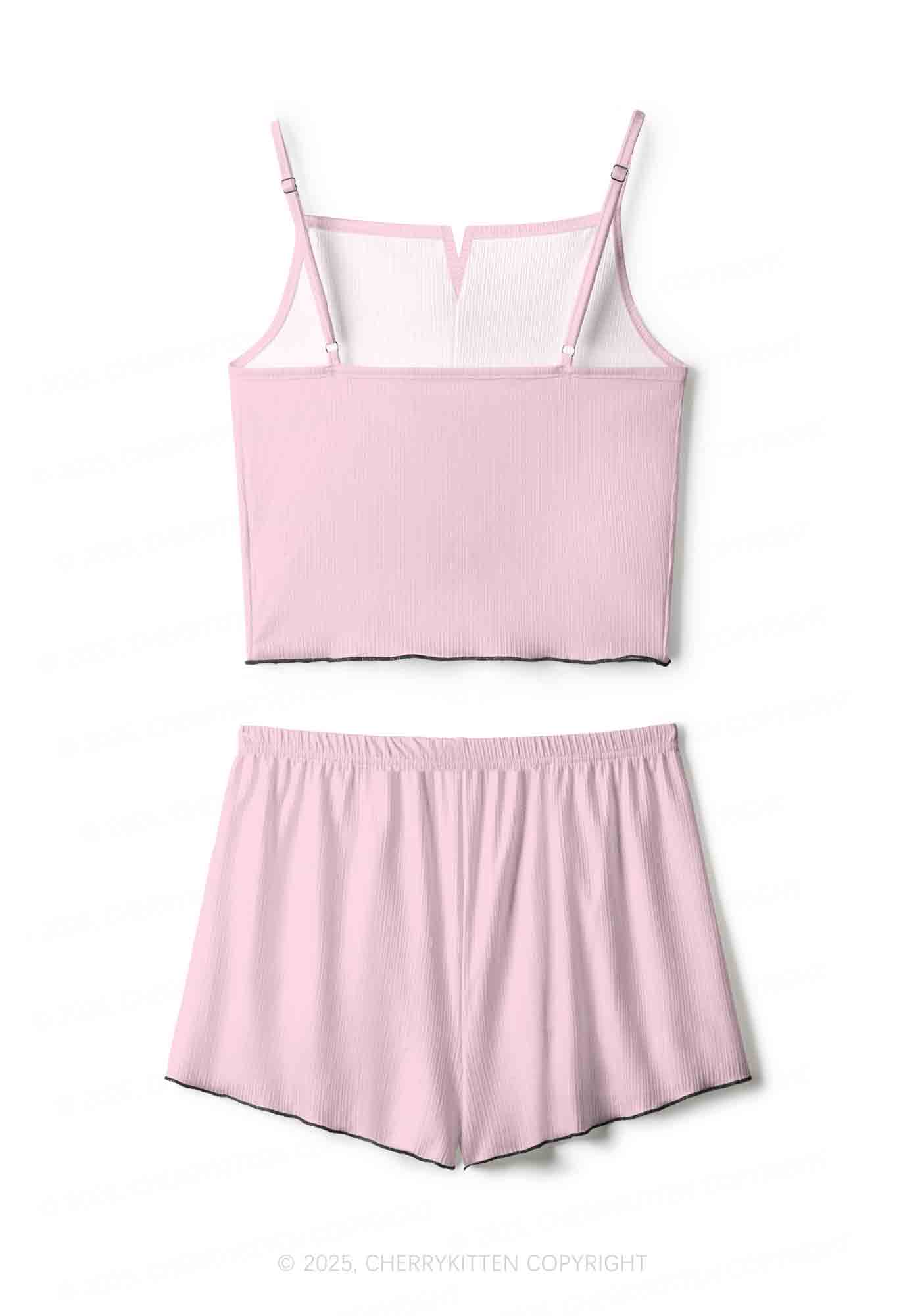 Plain Light Pink Y2K Print Cami Shorts Pajama Set Cherrykitten - Image 2
