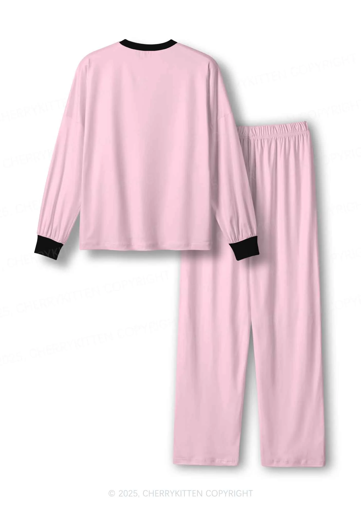 Plain Light Pink Y2K Print Long Sleeve Pajama Set Cherrykitten - Image 2