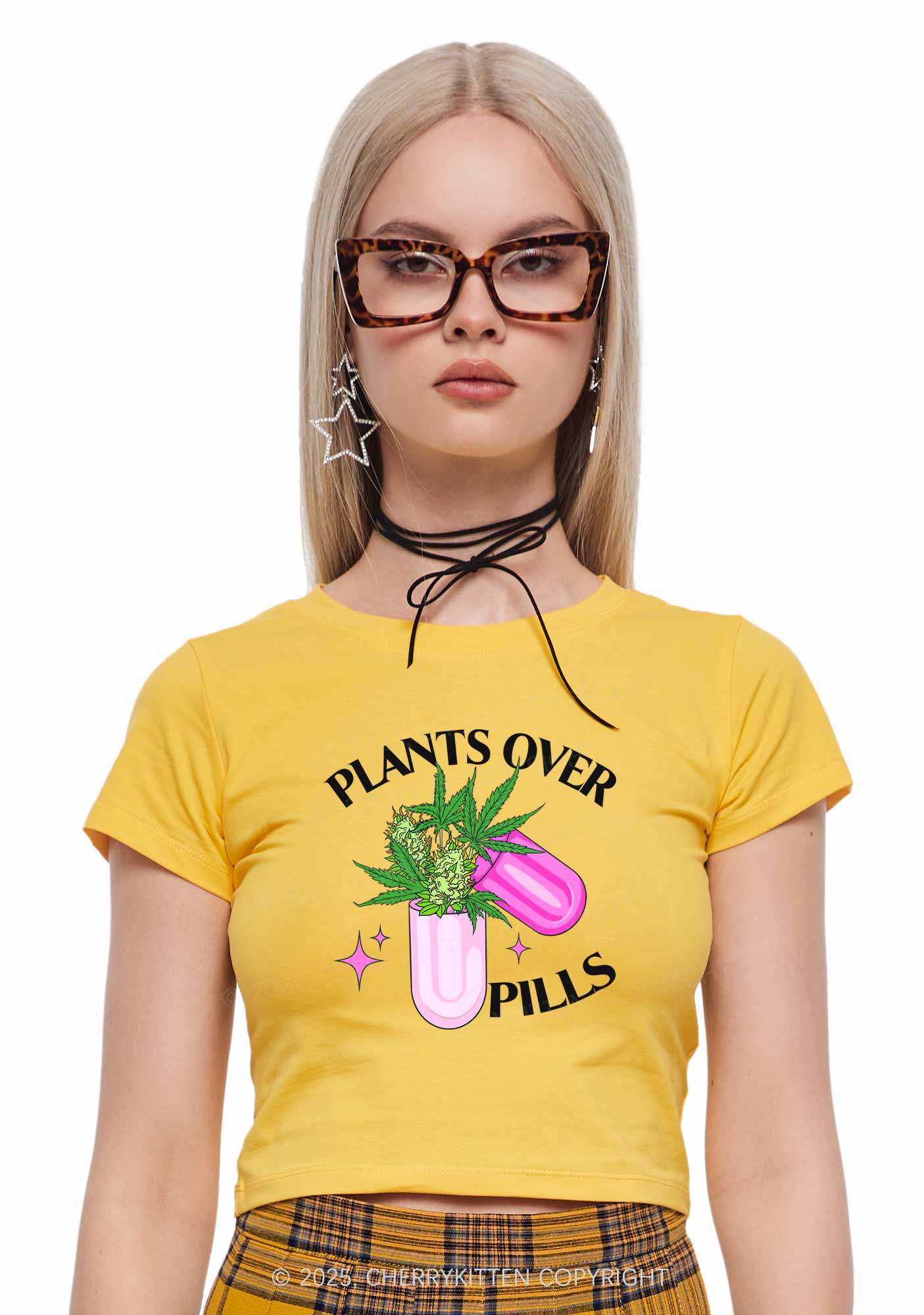 Plants Over Pills Y2K Baby Tee Cherrykitten - Image 2