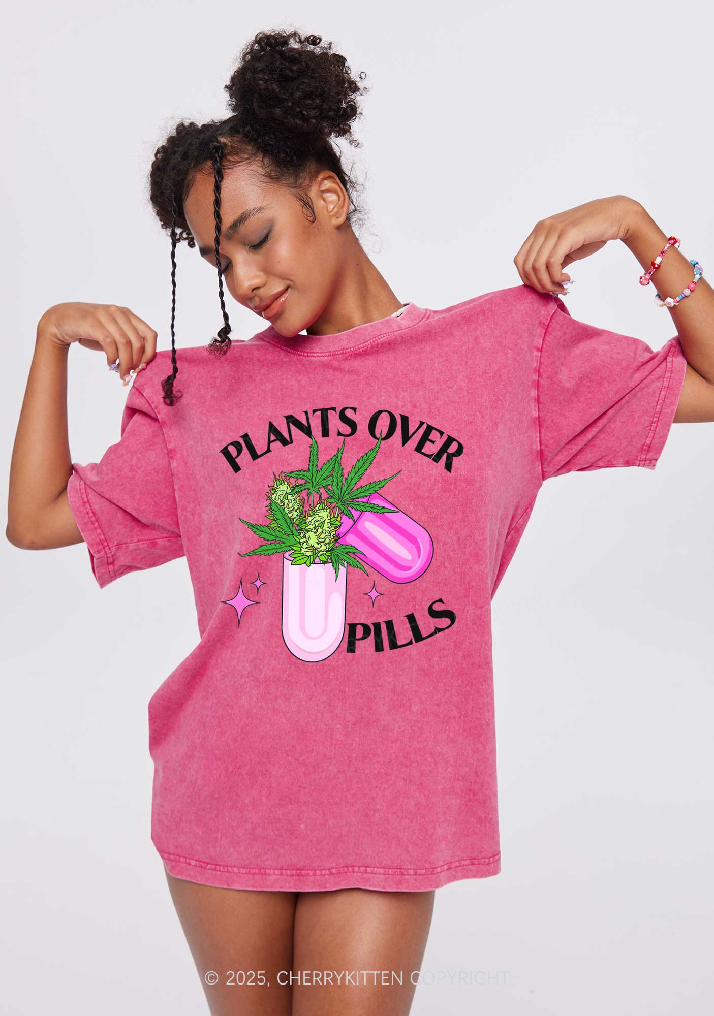 Plants Over Pills Y2K Shirts Washed Tee Cherrykitten - Image 2