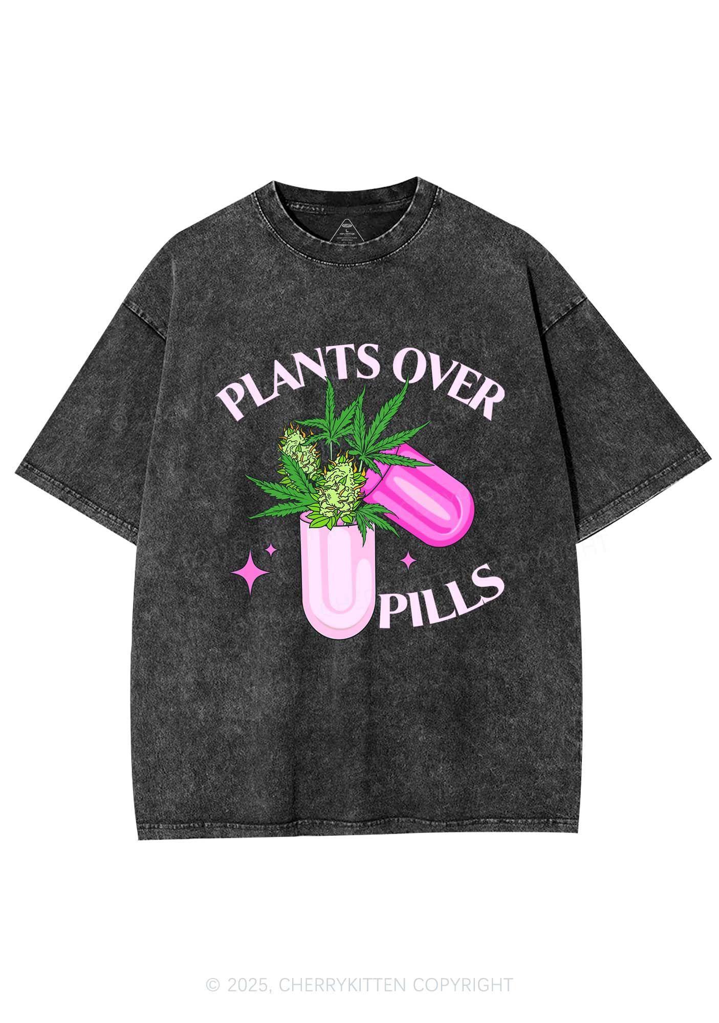 Plants Over Pills Y2K Shirts Washed Tee Cherrykitten - Image 3