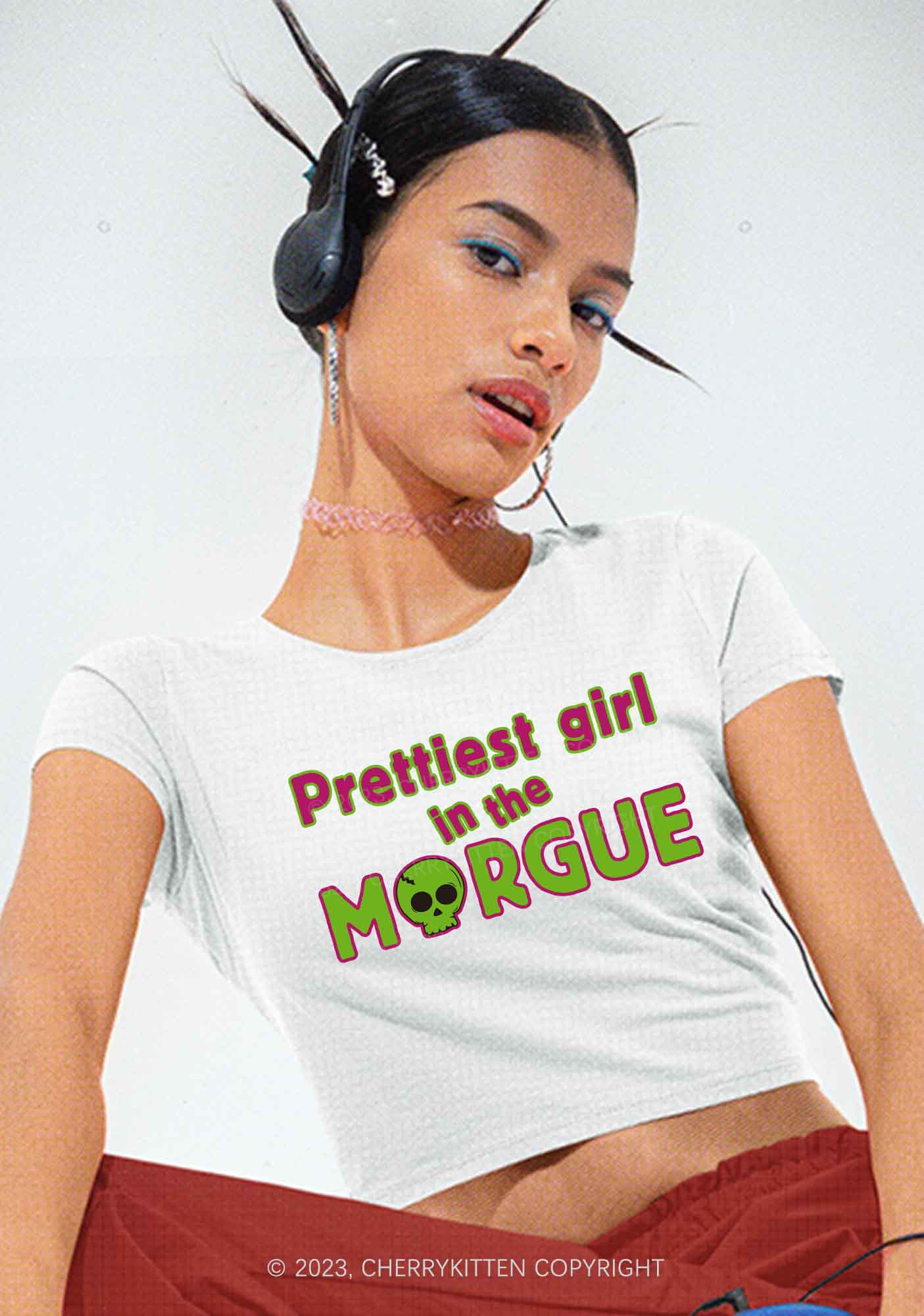 Prettiest Girl In The Morgue Y2K Baby Tee Cherrykitten - Image 2