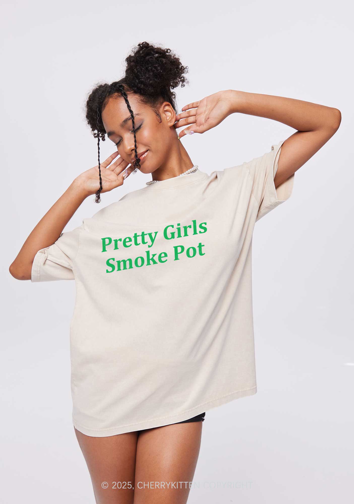Pretty Girls Smoke Pot Y2K Washed Tee Cherrykitten - Image 2