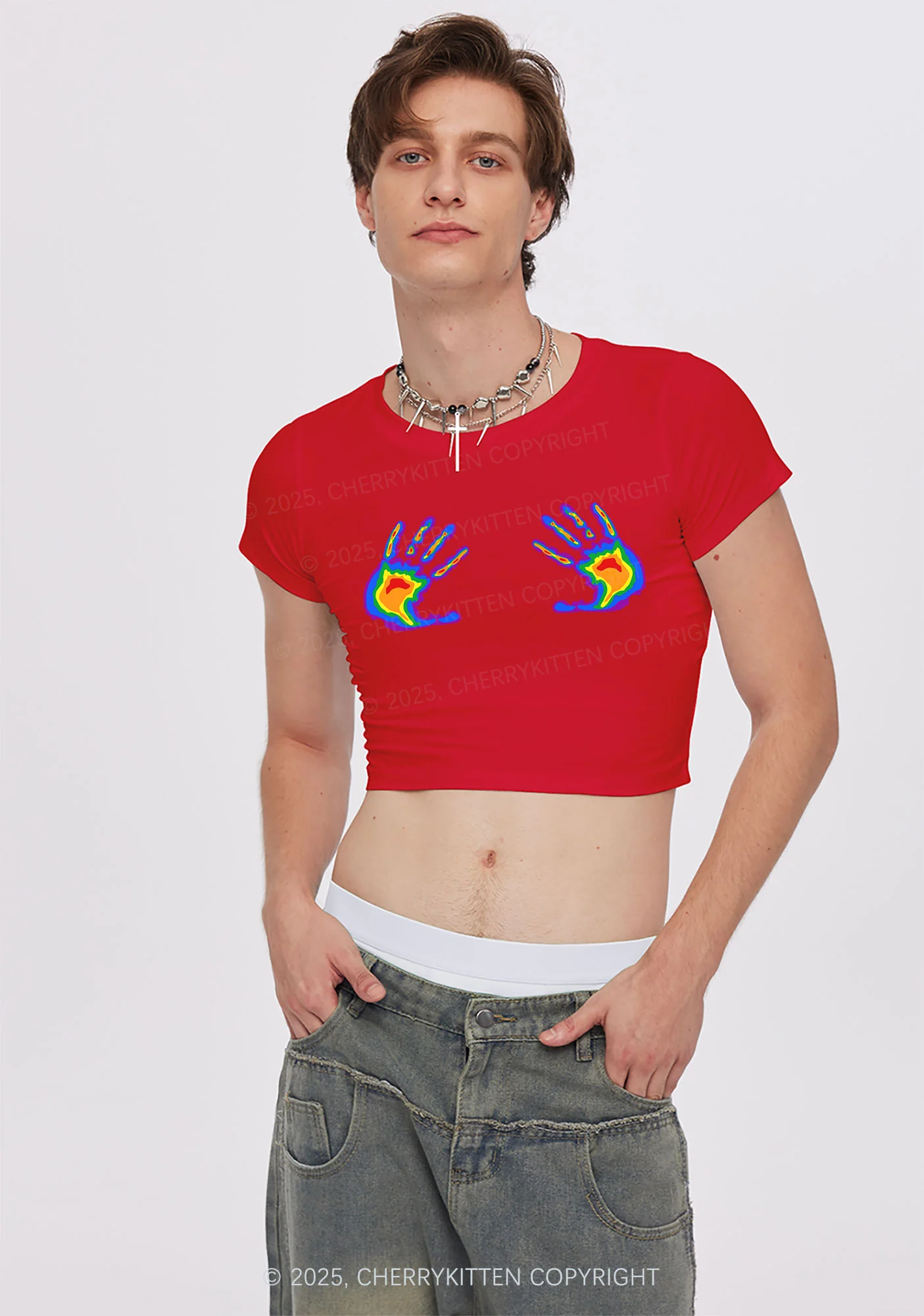 Pride Thermal Hands Y2K Baby Tee Cherrykitten - Image 2