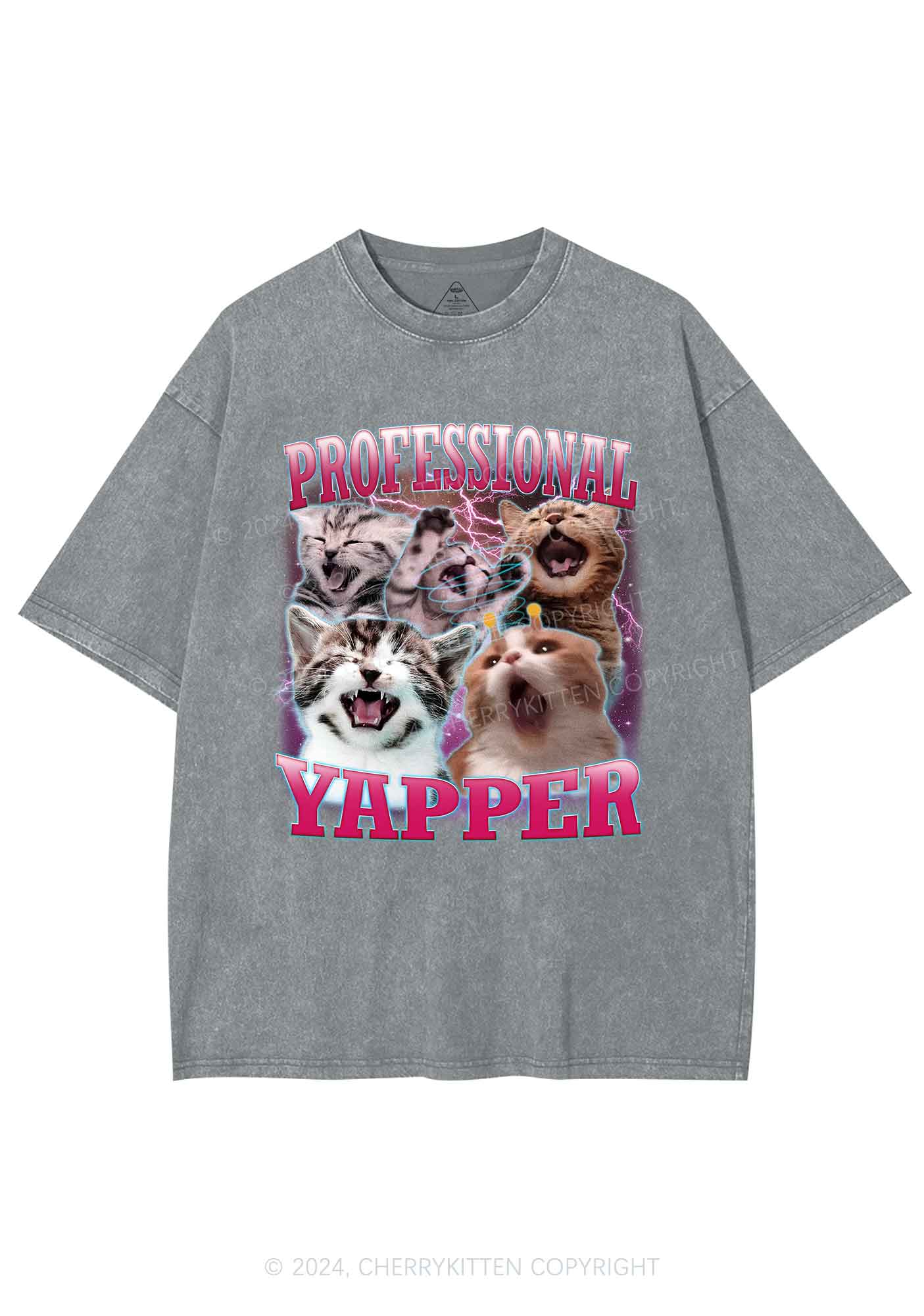 Professional Yapper Cat Y2K Washed Tee Cherrykitten - Image 7