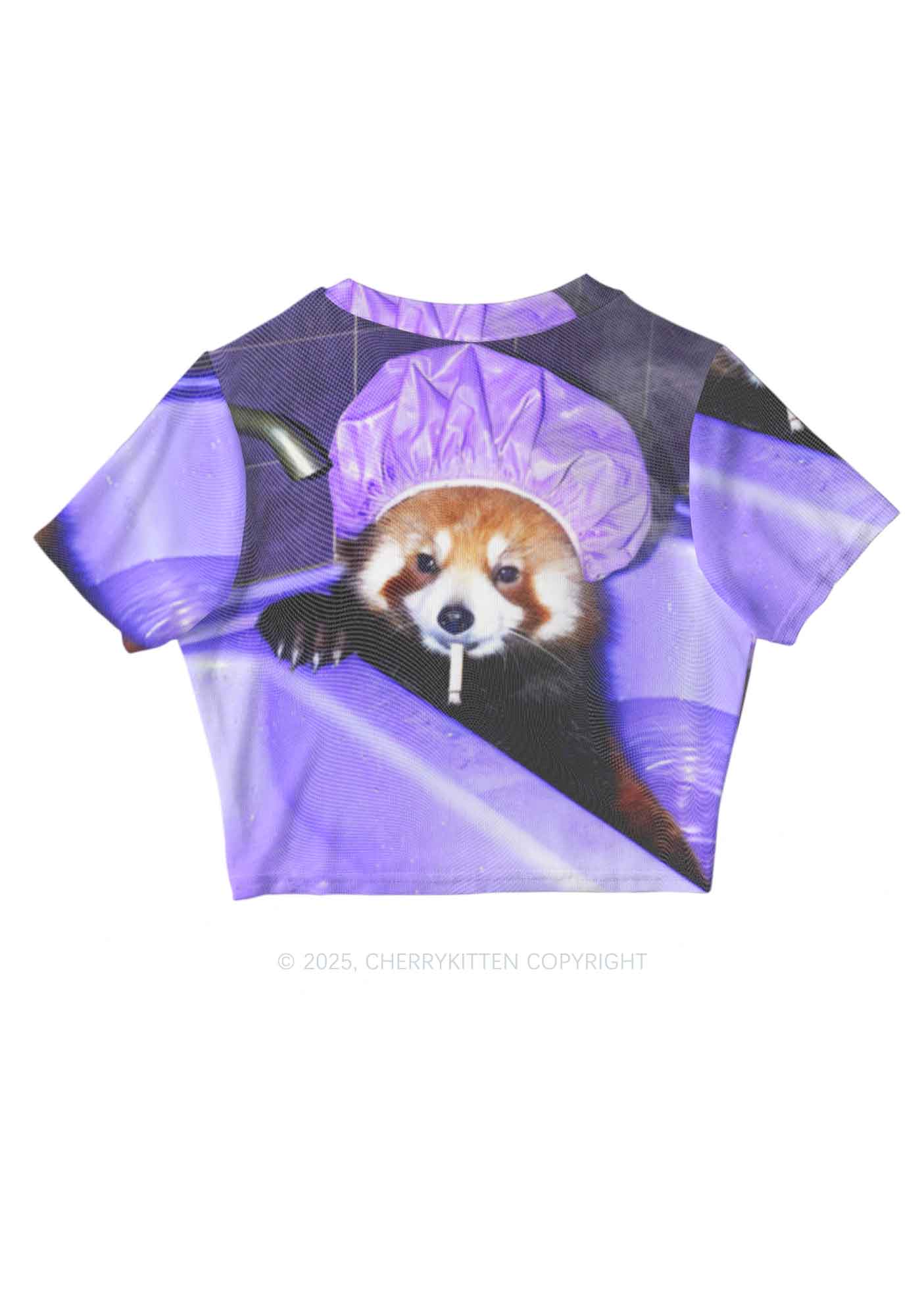 Purple Bath Smoking Raccoon Y2K Mesh Crop Top Cherrykitten - Image 3