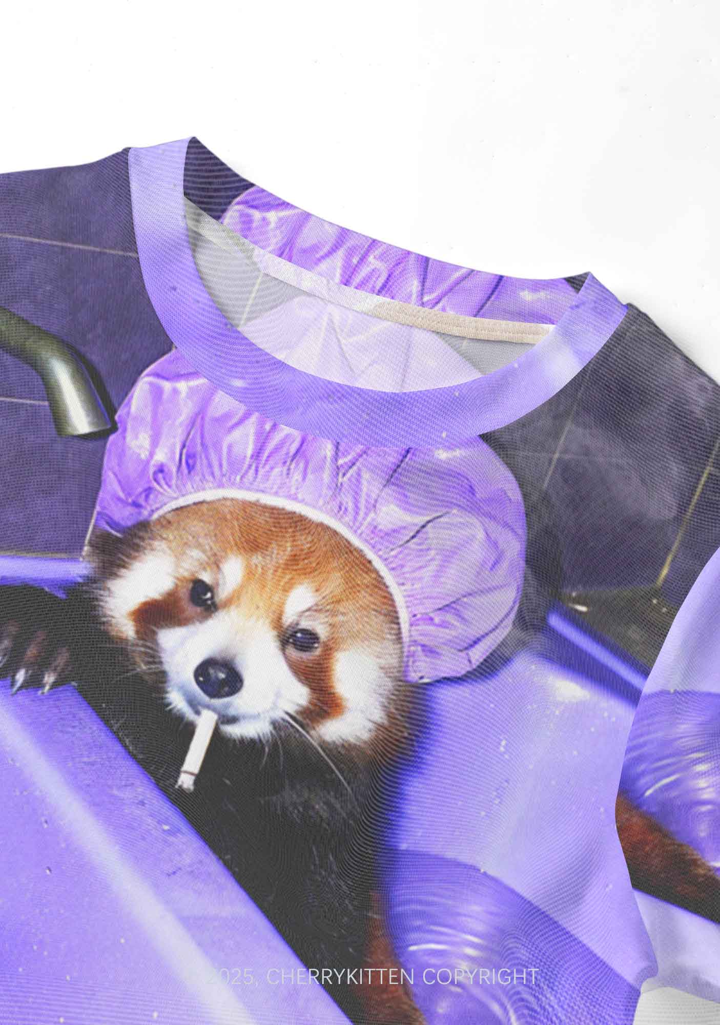 Purple Bath Smoking Raccoon Y2K Mesh Crop Top Cherrykitten - Image 4