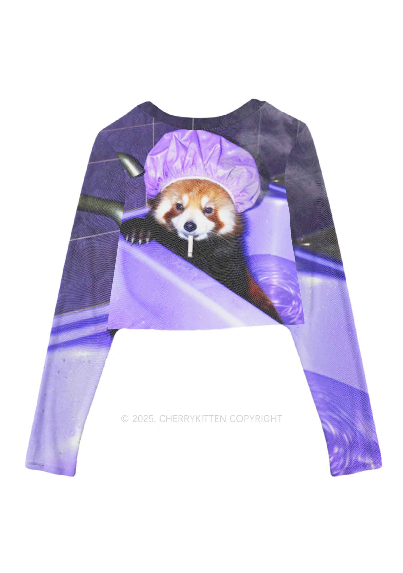 Purple Bath Smoking Raccoon Y2K Mesh Long Sleeve Crop Top Cherrykitten - Image 3