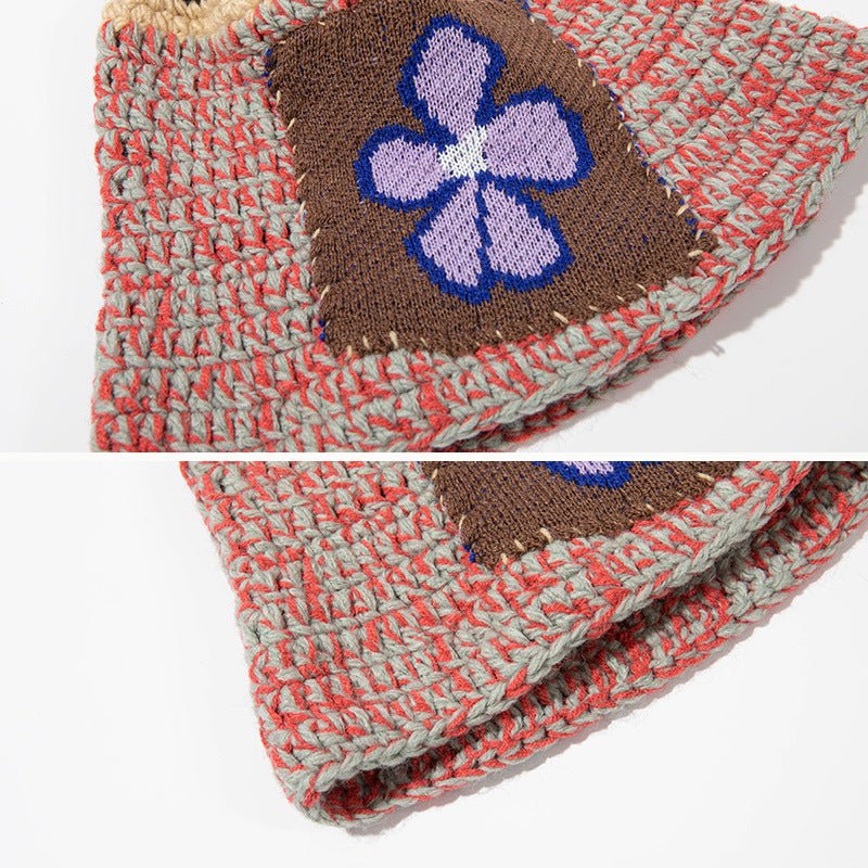 Purple Flower Brown Block Knitted Bucket Hat - Image 2