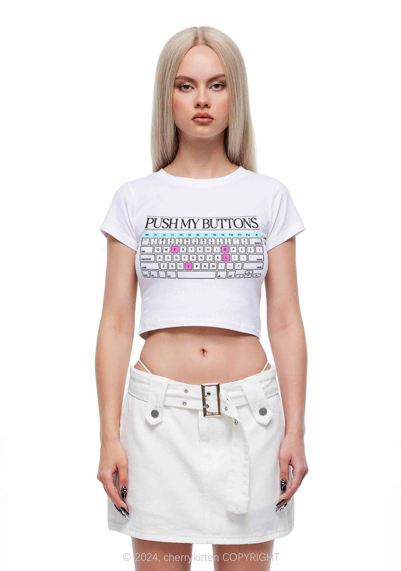 Push My Buttons Y2K Baby Tee Cherrykitten - Image 3