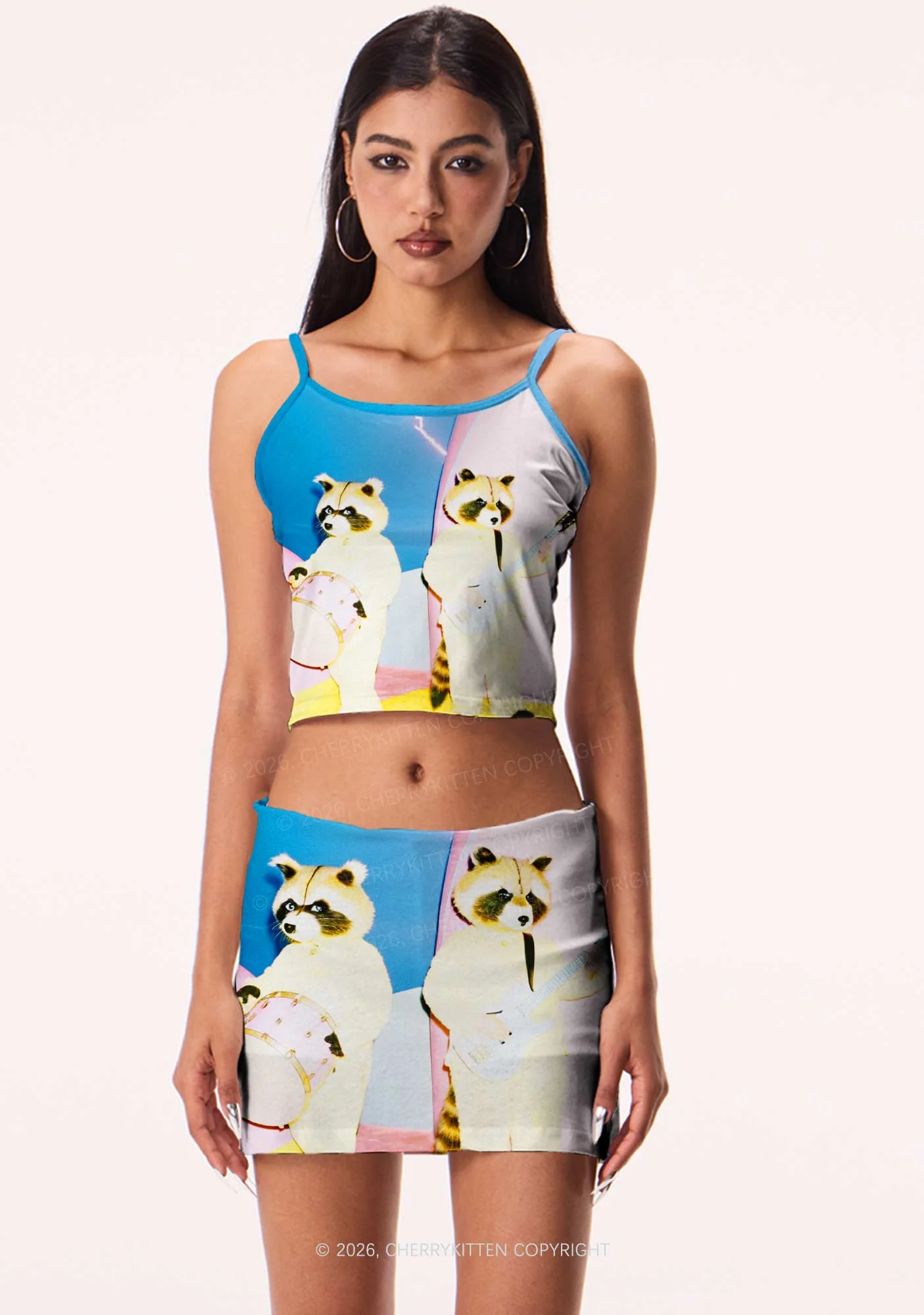 Raccoon Band Y2K Print Cami Crop Top Cherrykitten - Image 2
