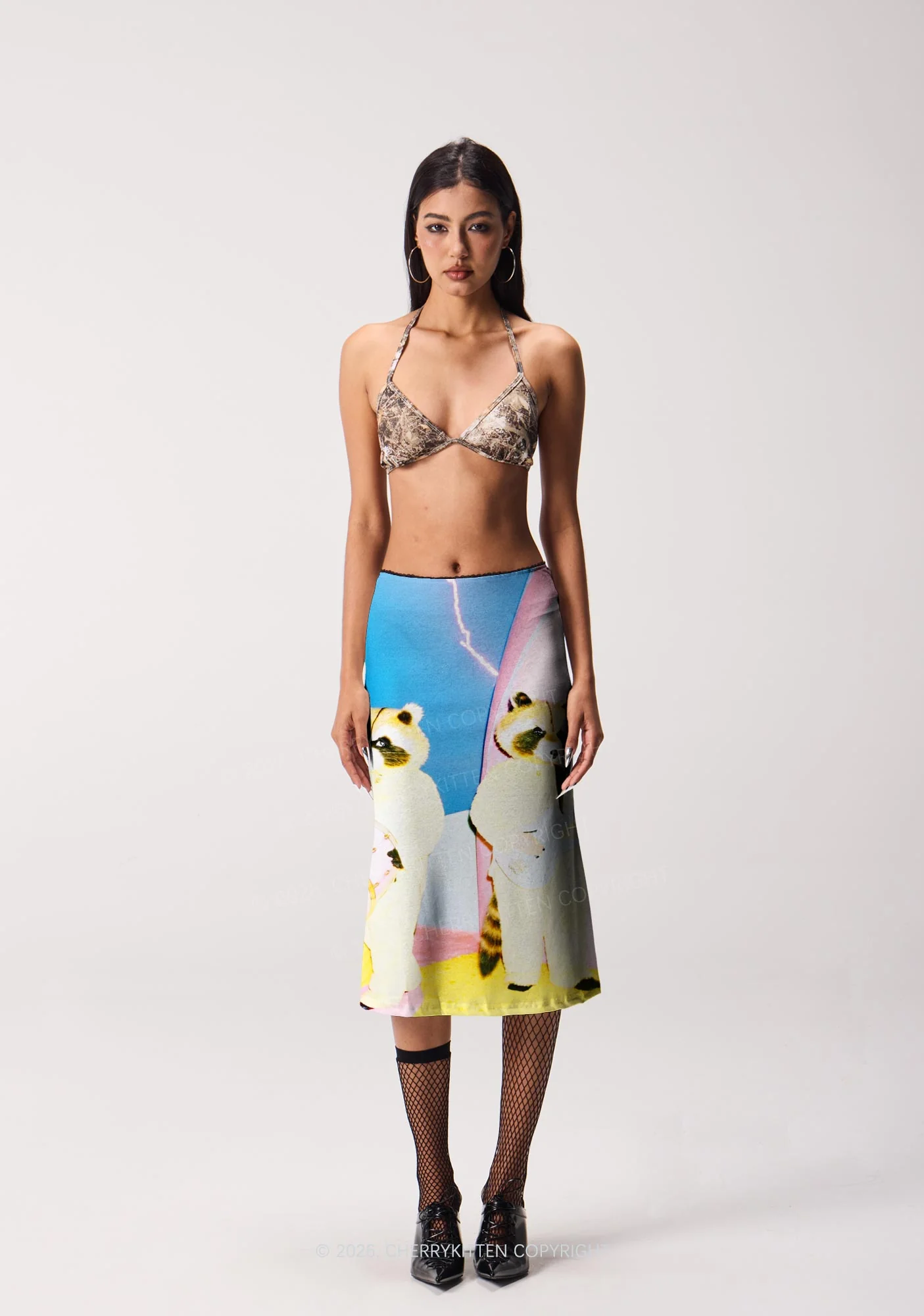 Raccoon Band Y2K Print Midi Skirt Cherrykitten - Image 2