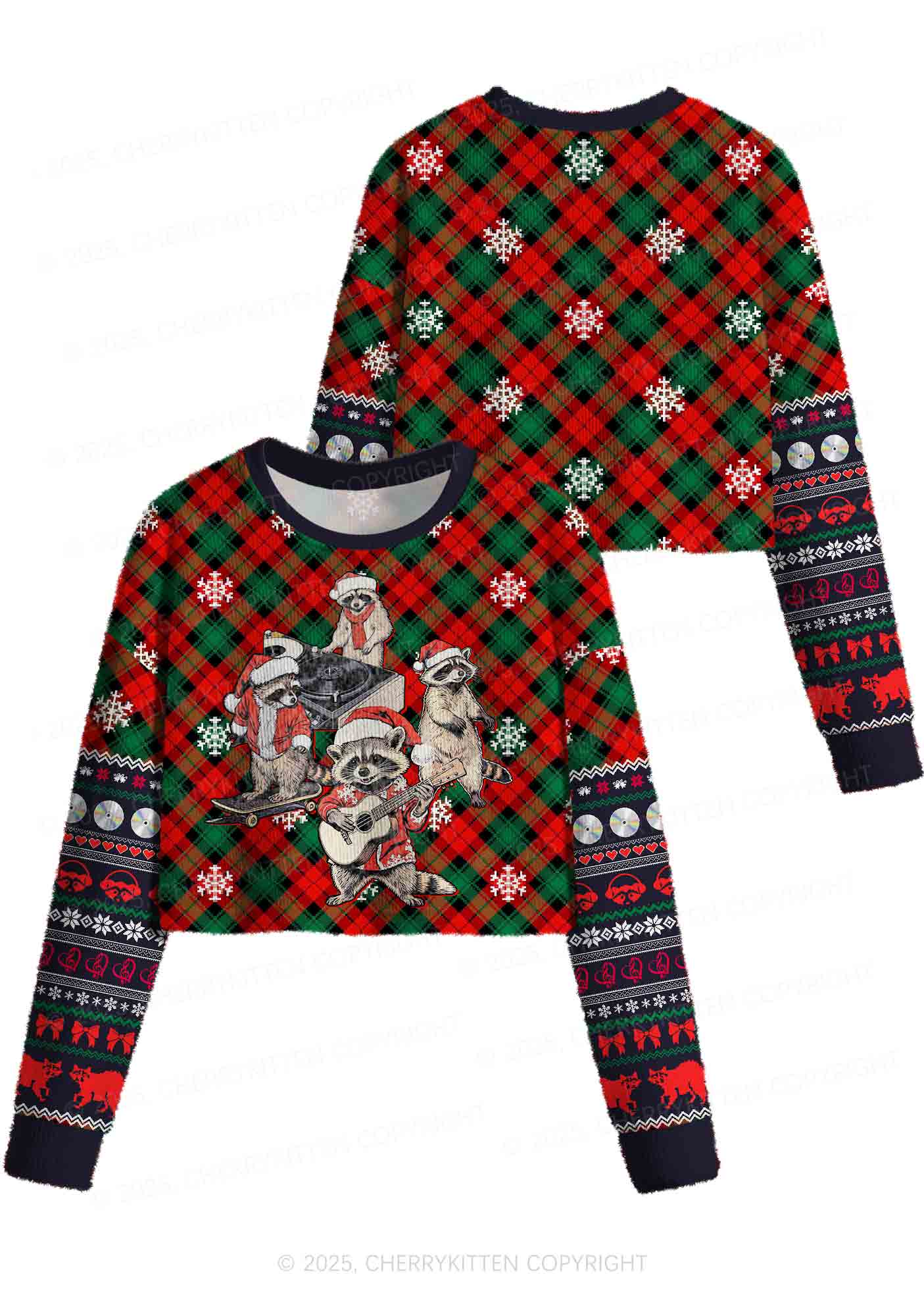 Raccoon Concert Y2K Christmas Crop Knit Sweatshirt Cherrykitten - Image 3