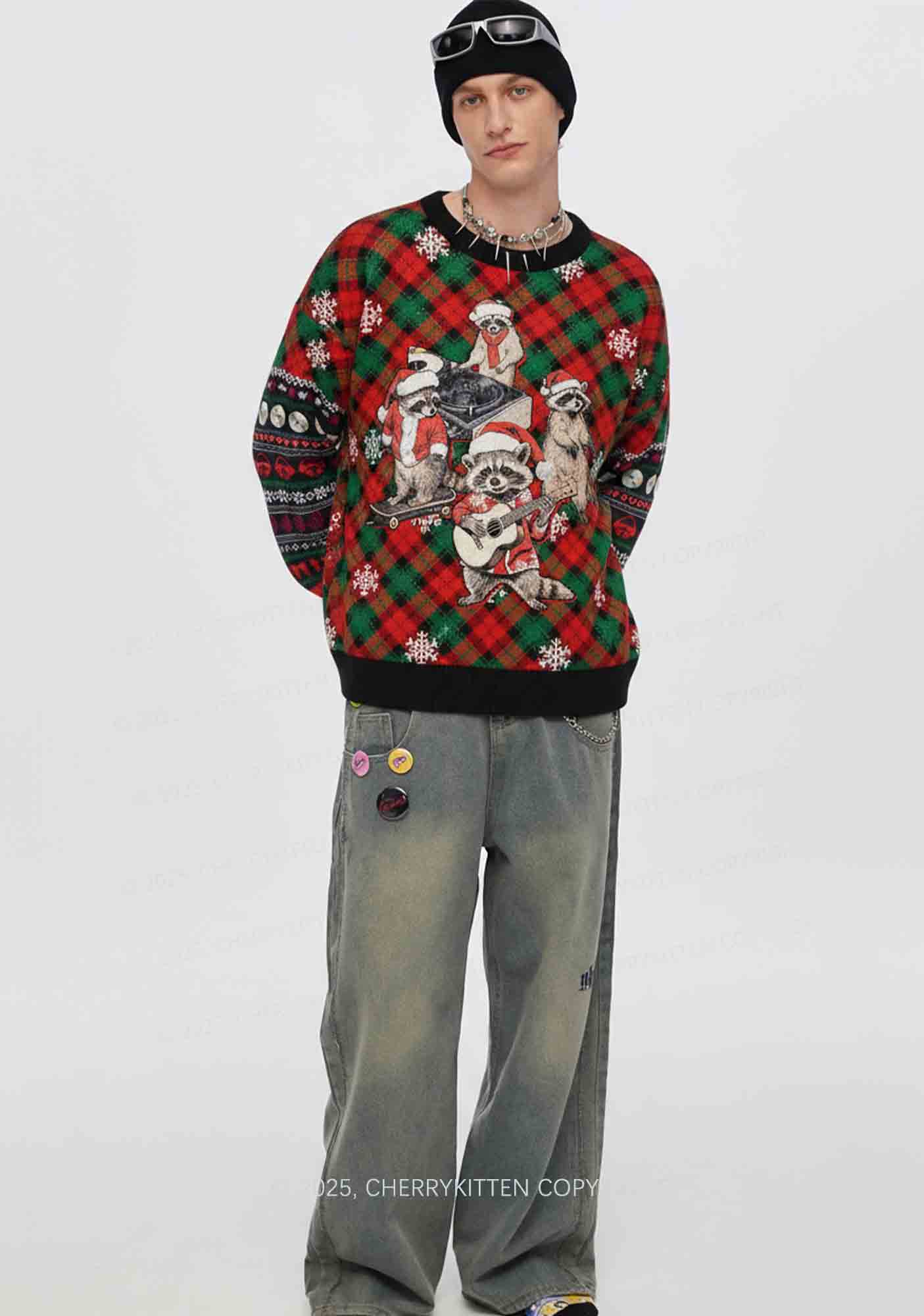 Raccoon Concert Y2K Christmas Knit Sweatshirt Cherrykitten - Image 2