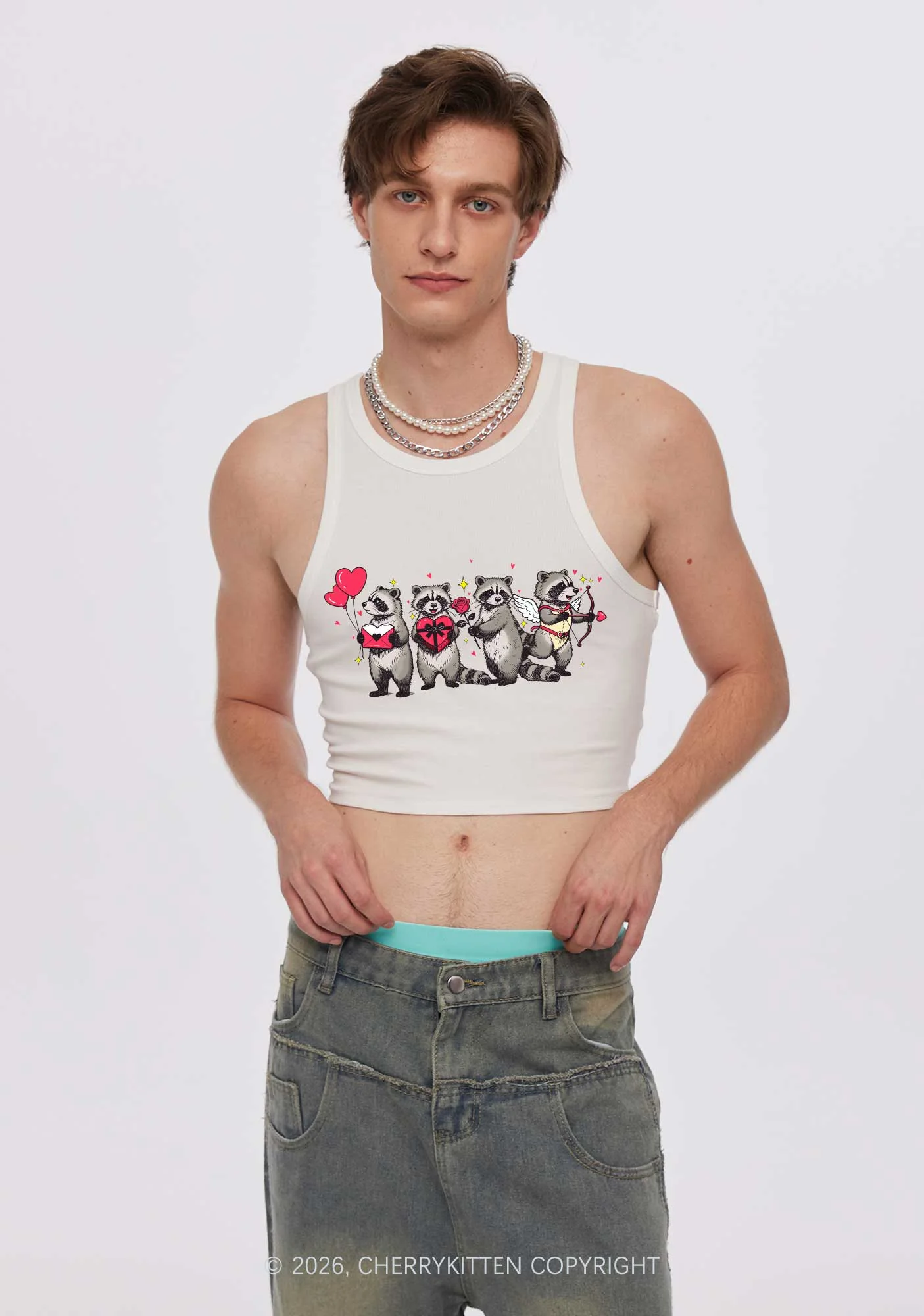 Raccoon Cupids Valentine's Day Y2K Crop Tank Top Cherrykitten - Image 2
