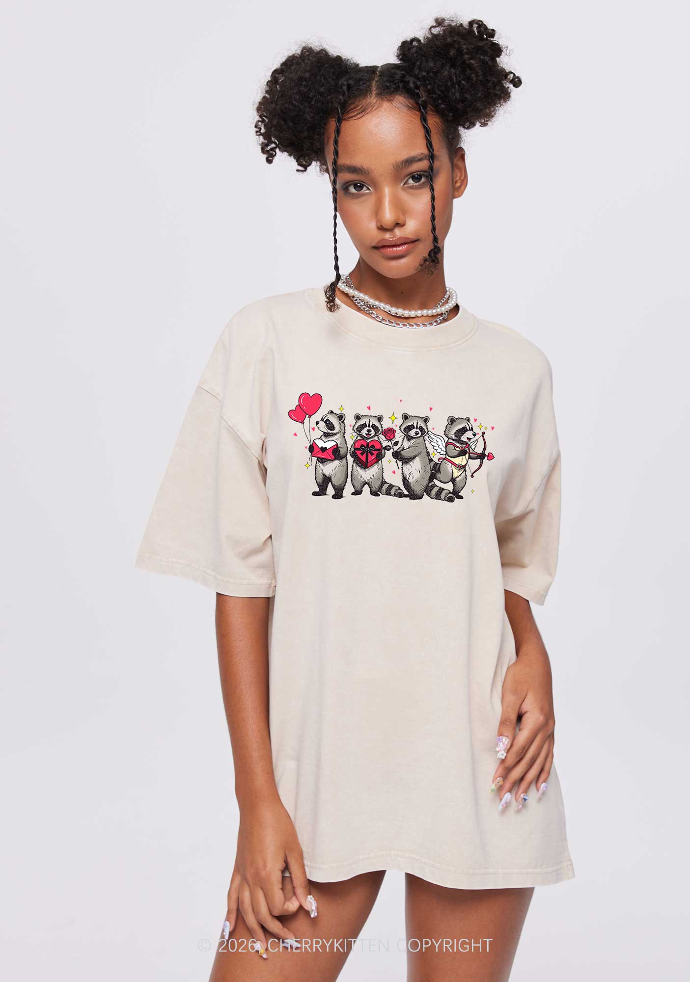 Raccoon Cupids Valentine's Day Y2K Shirts Washed Tee Cherrykitten - Image 2