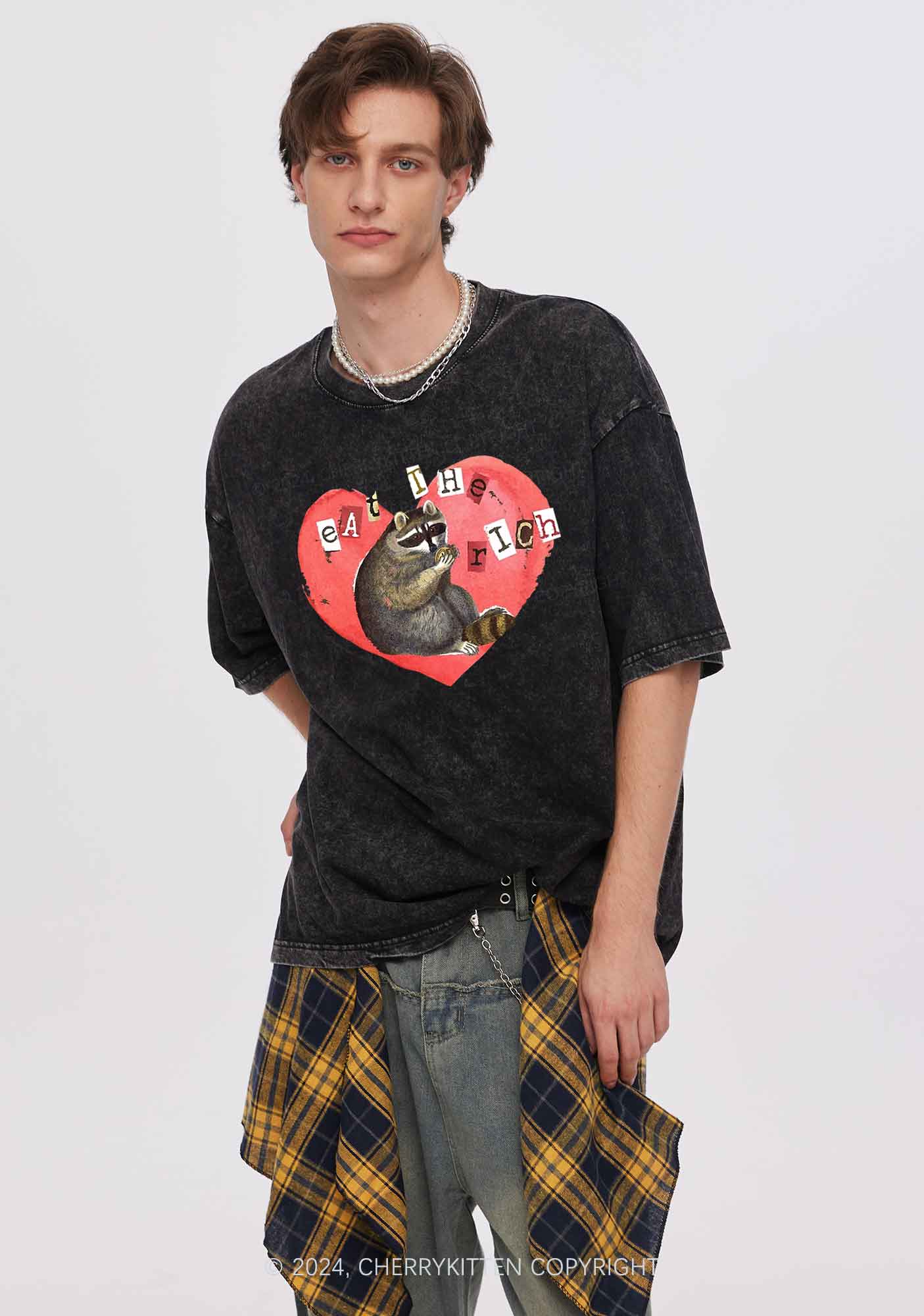 Raccoon Eat The Rich Y2K Valentine's Day Washed Tee Cherrykitten - Image 2