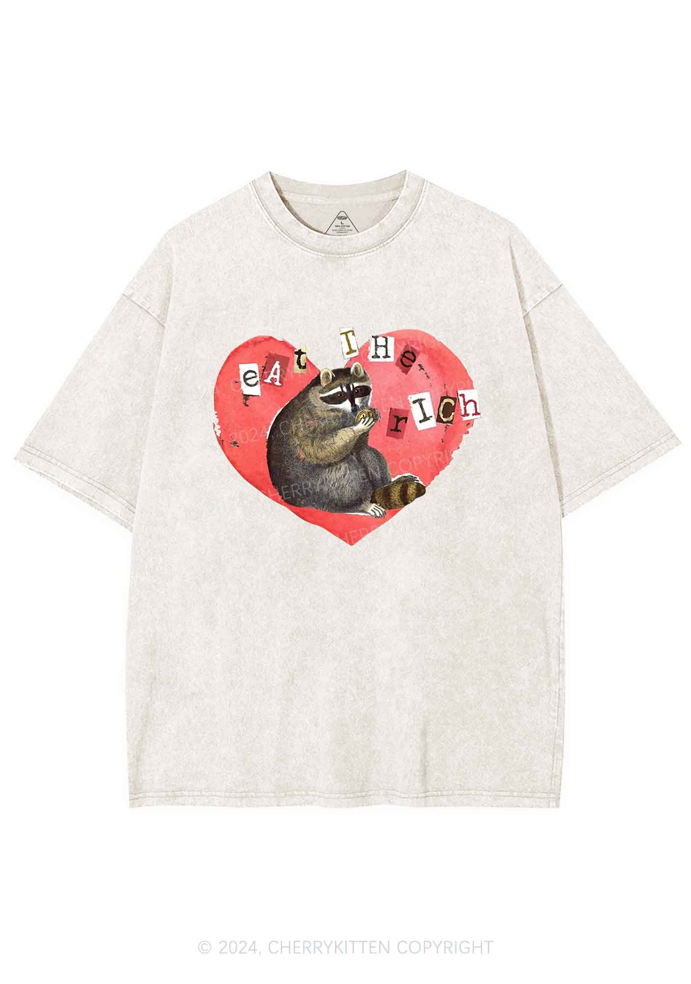 Raccoon Eat The Rich Y2K Valentine's Day Washed Tee Cherrykitten - Image 4