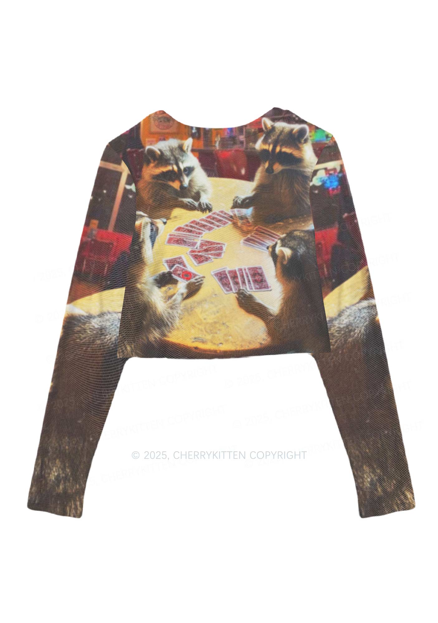 Raccoon Poker Y2K Mesh Long Sleeve Crop Top Cherrykitten - Image 3
