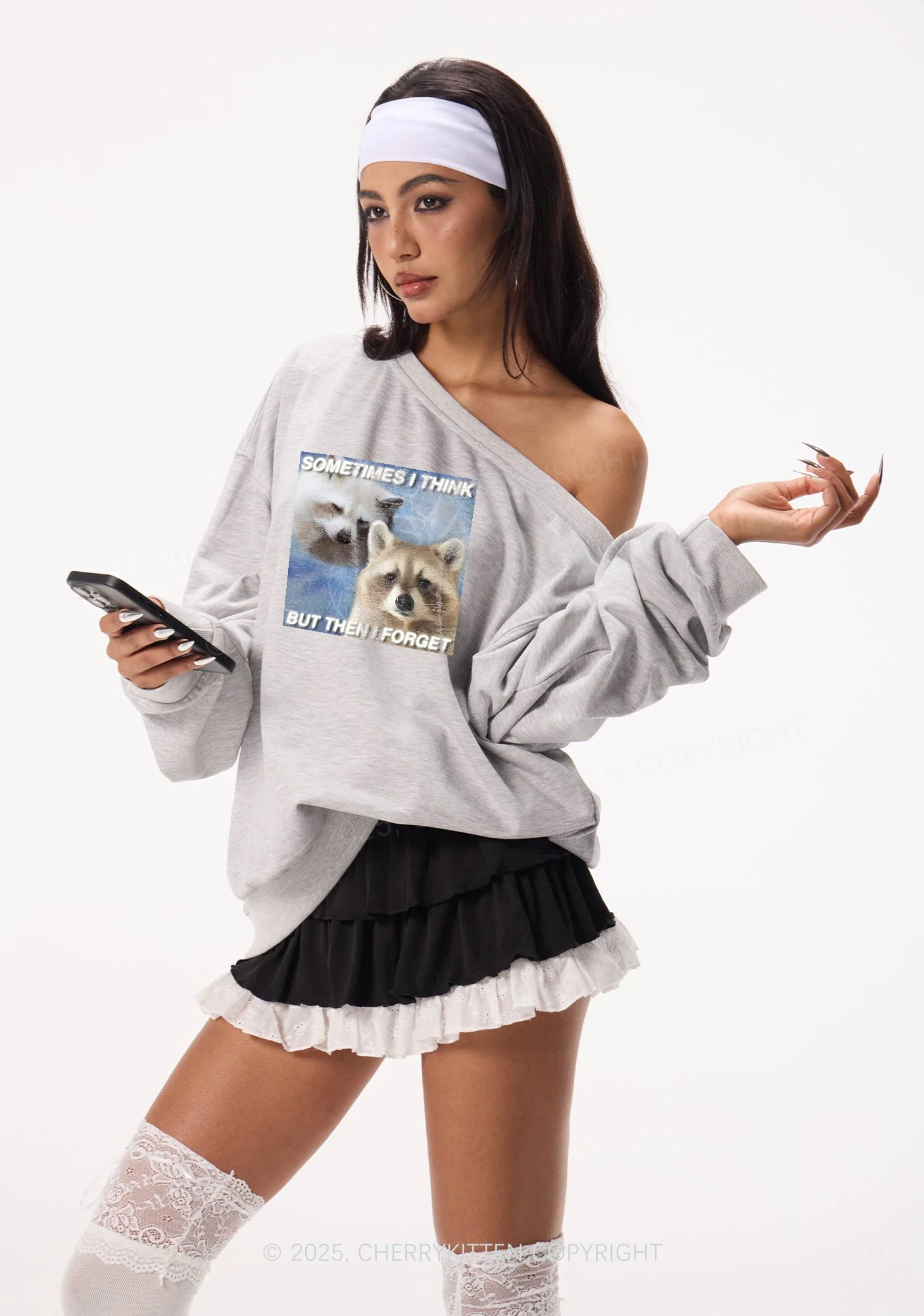 Raccoon Sometimes Think Y2K Off Shoulder Sweatshirts Cherrykitten - Image 2