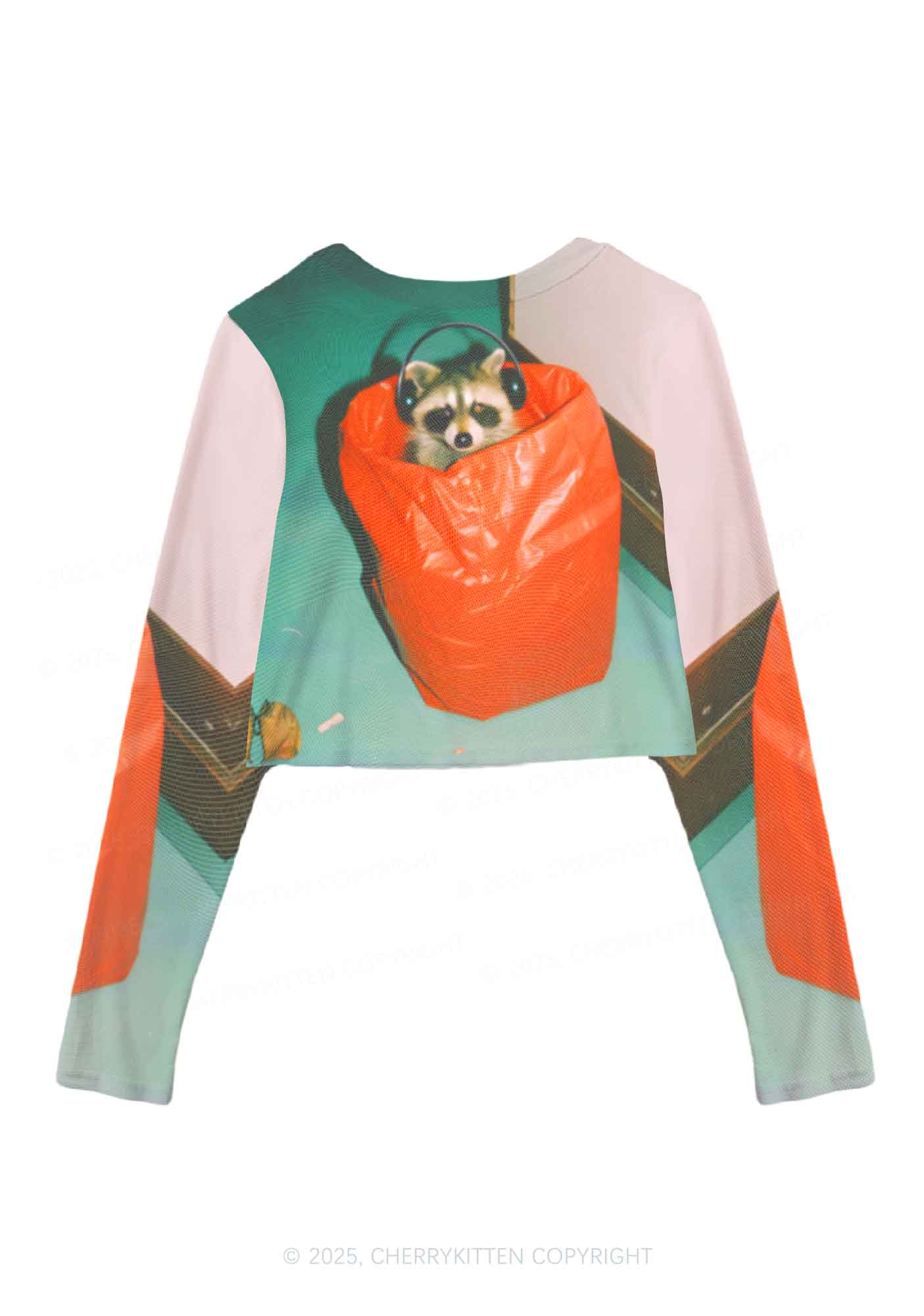 Raccoon With Headphones Y2K Mesh Long Sleeve Crop Top Cherrykitten - Image 2