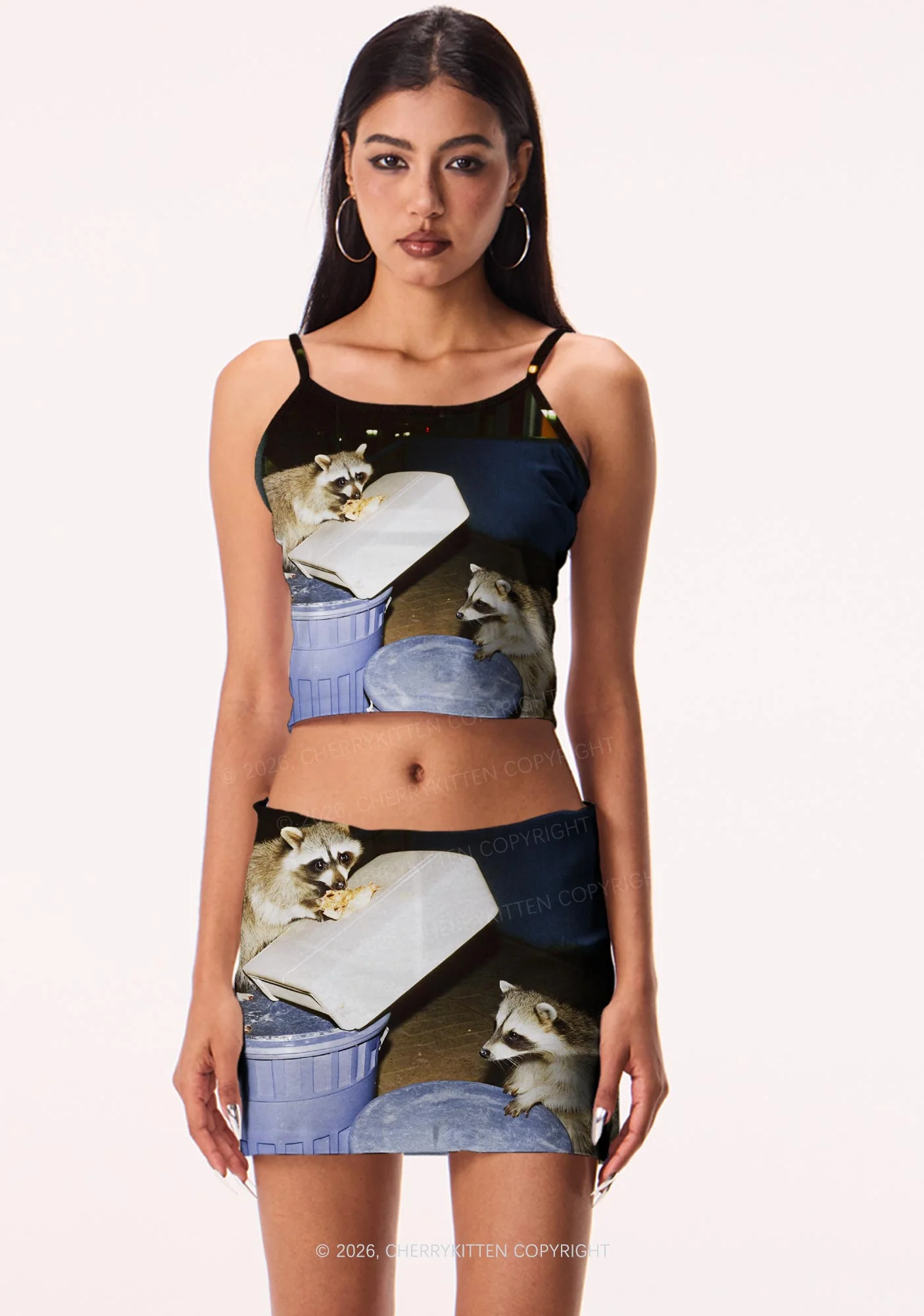 Raccoons Pizza Feast Y2K Print Mini Skirt Cherrykitten - Image 2