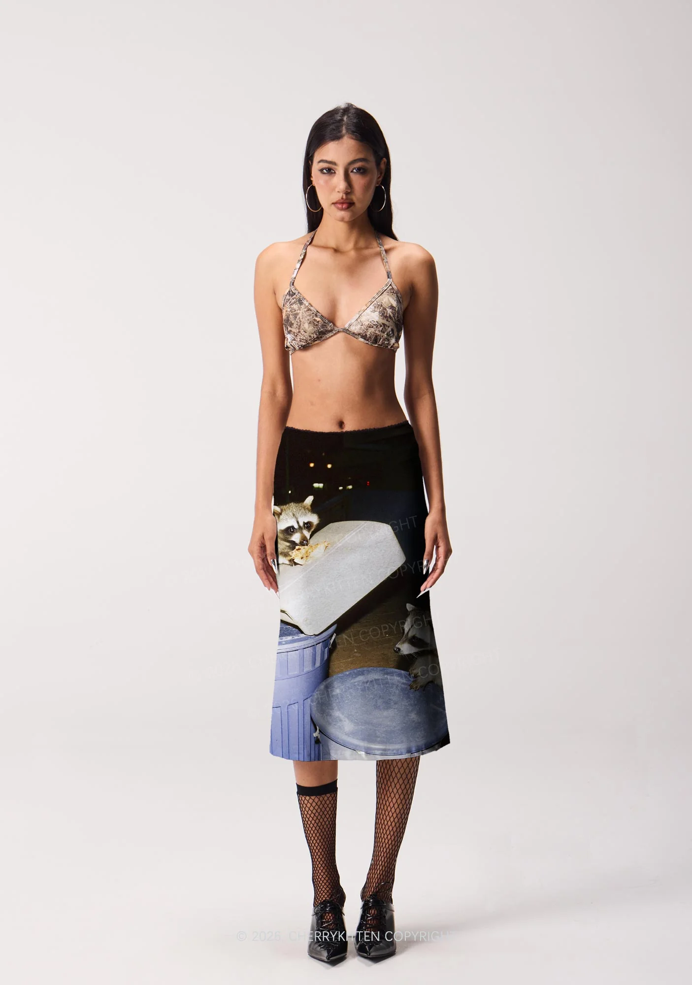 Raccoons Pizza Feast Y2K Print Midi Skirt Cherrykitten - Image 2