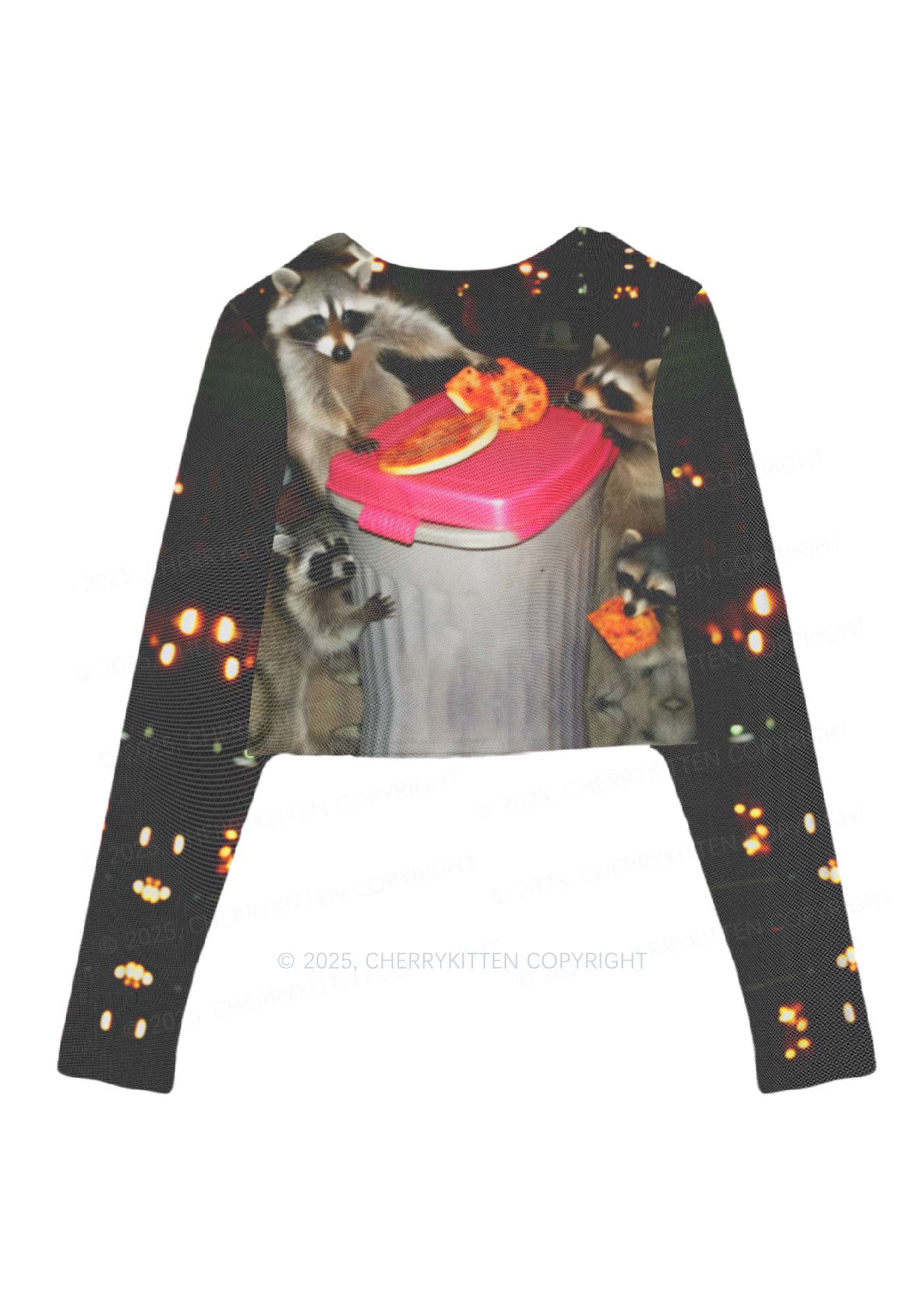 Raccoons Pizza Party Y2K Mesh Long Sleeve Crop Top Cherrykitten - Image 3