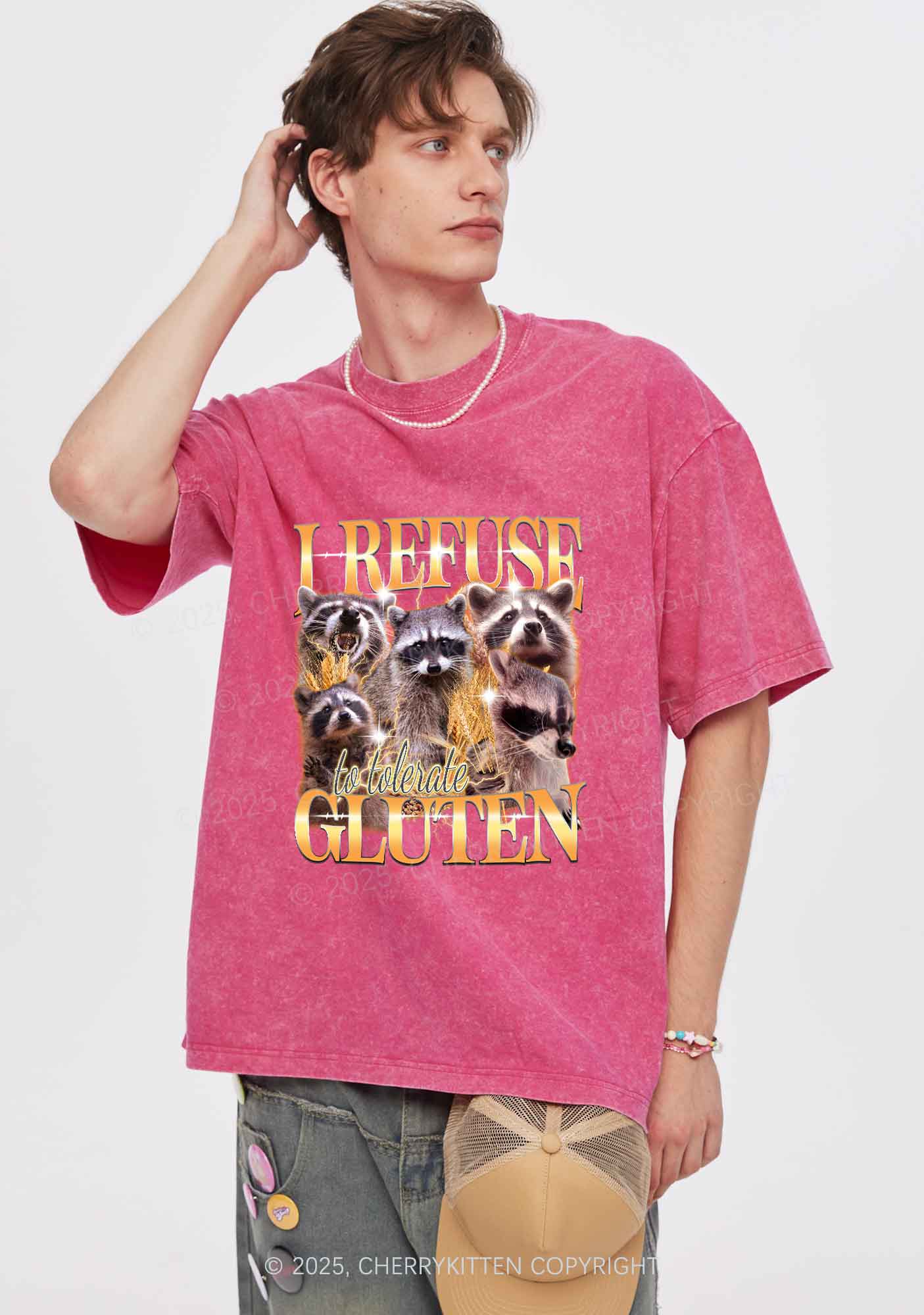 Raccoons Refuse Tolerate Gluten Y2K Shirts Washed Tee Cherrykitten - Image 2