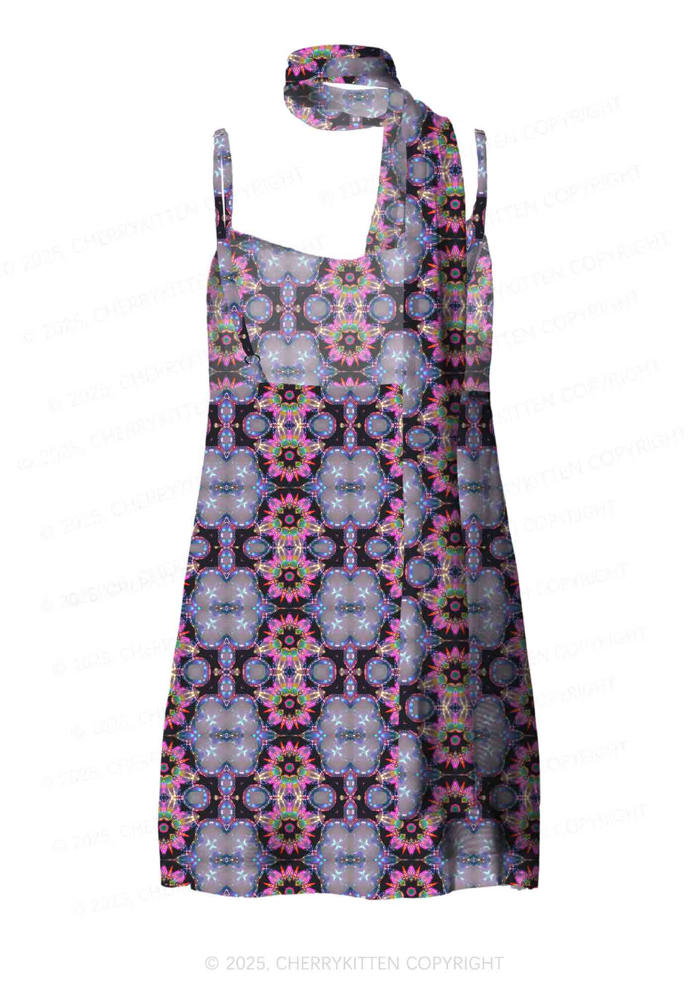 Rainbow Glow Y2K Mesh Slip Dress With Scarf Set Cherrykitten - Image 3