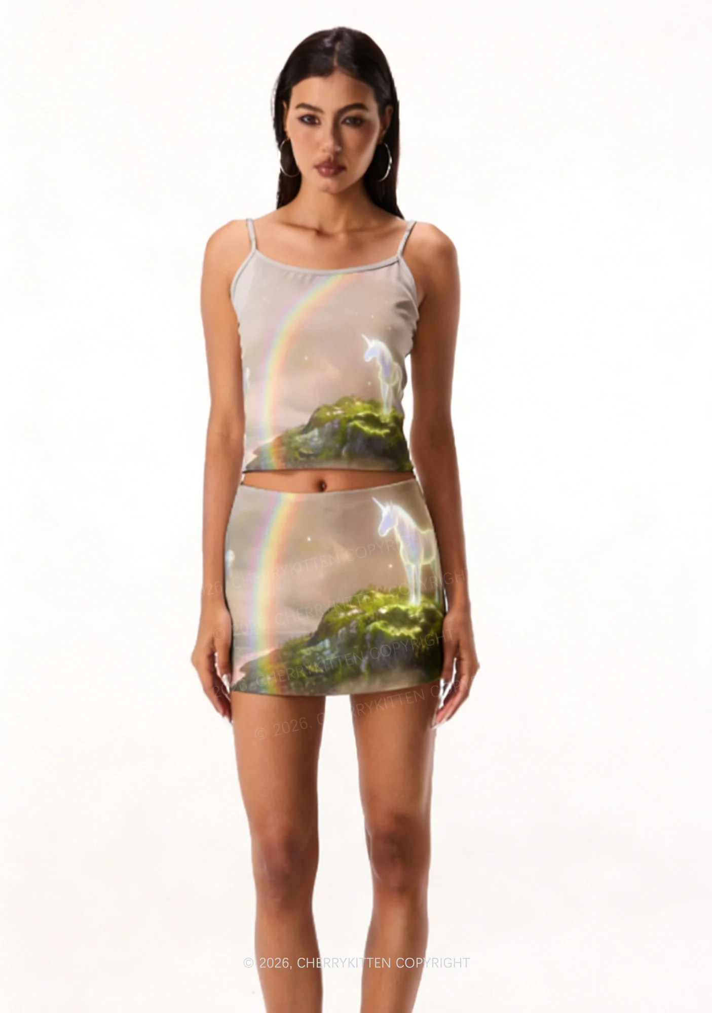 Rainbow Glowing Unicorn Y2K Print Cami Crop Top Cherrykitten - Image 2