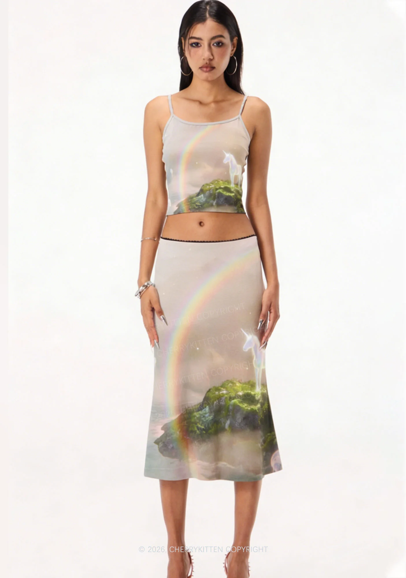 Rainbow Glowing Unicorn Y2K Print Midi Skirt Cherrykitten - Image 2