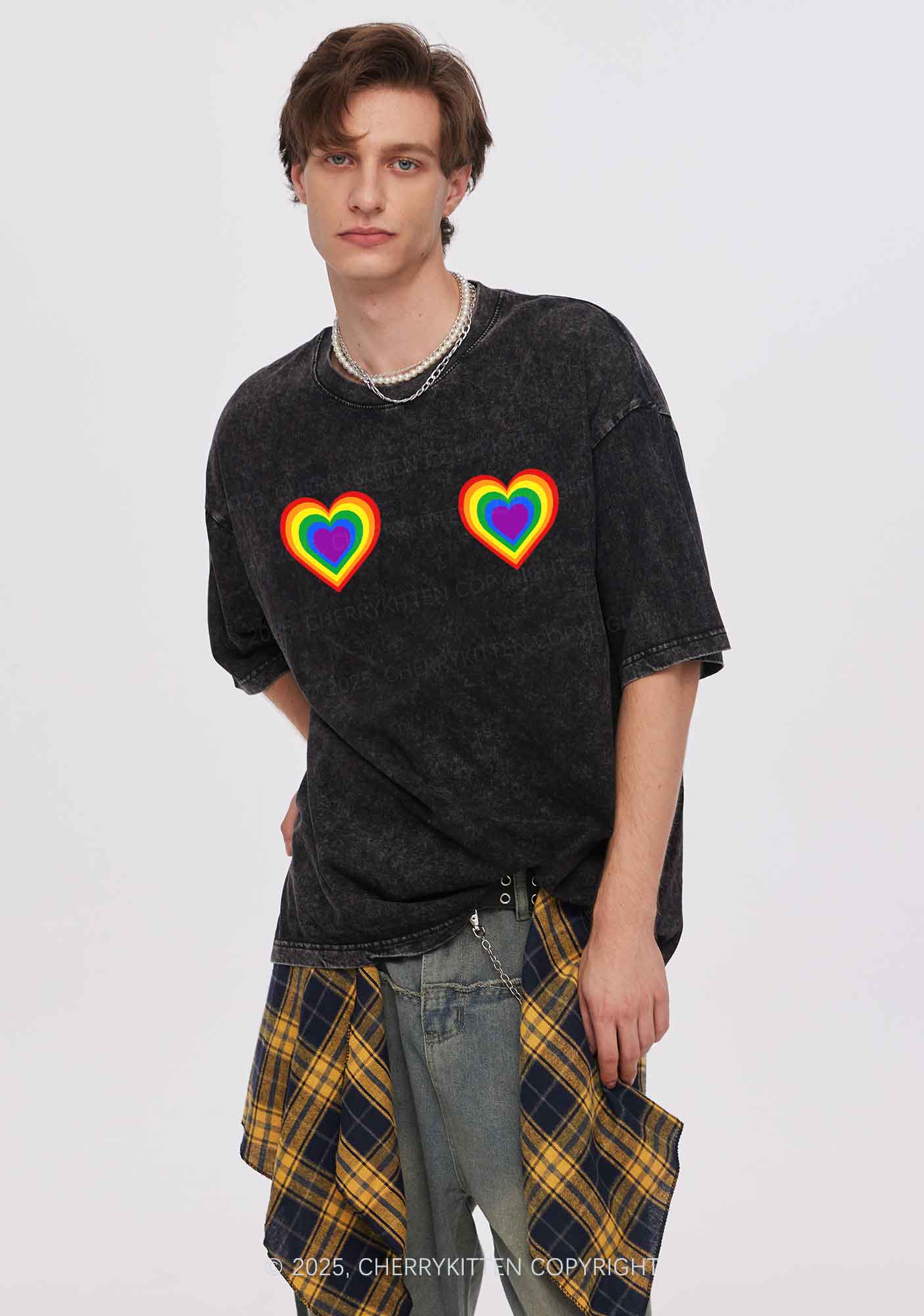 Rainbow Heart Pride Y2K Shirts Washed Tee Cherrykitten - Image 2