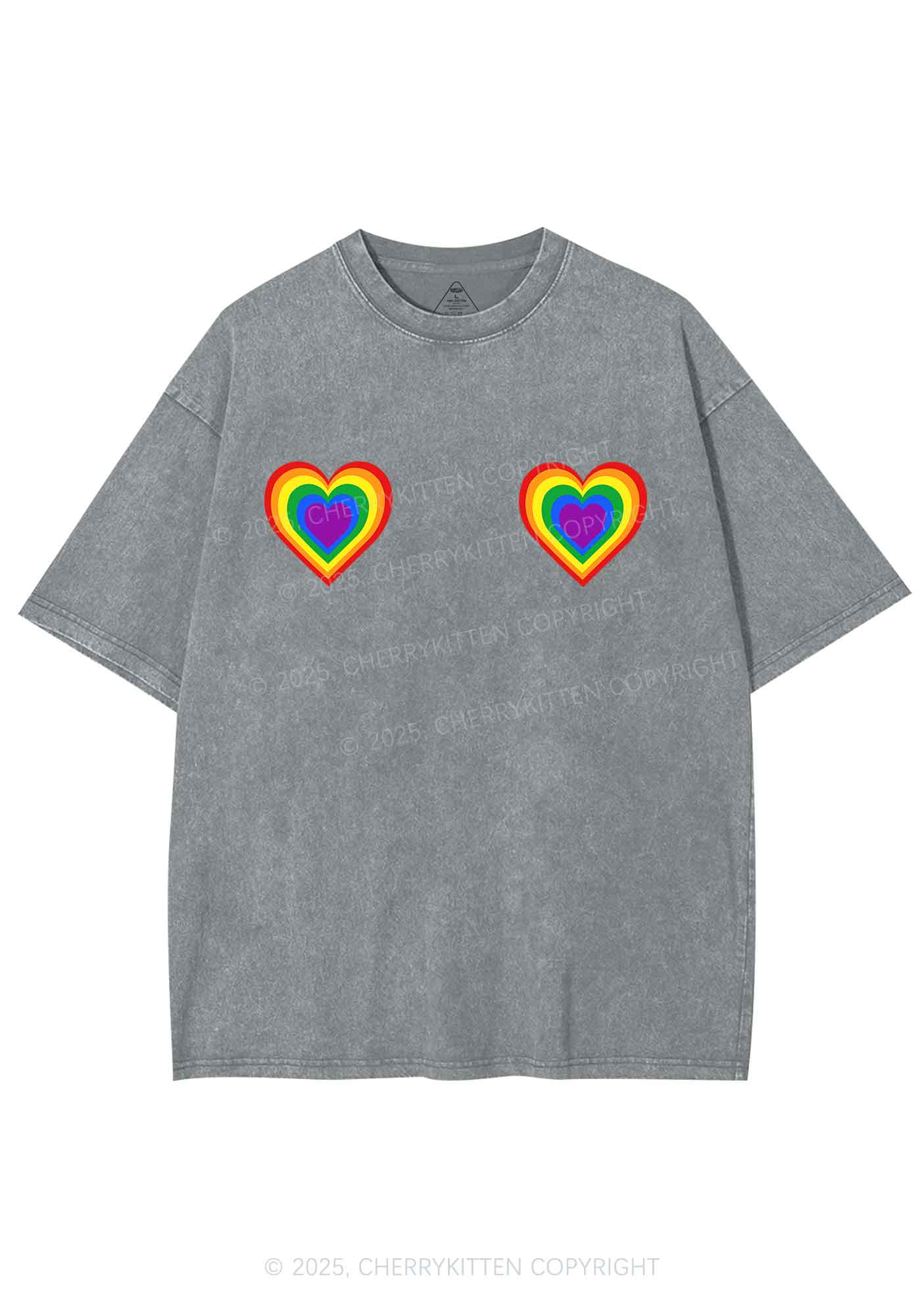 Rainbow Heart Pride Y2K Shirts Washed Tee Cherrykitten - Image 7