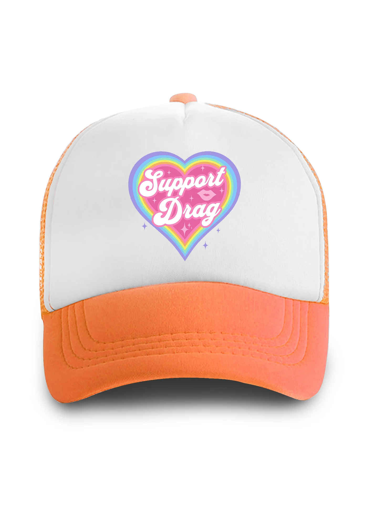 Rainbow Heart Support Drag Lip Print Trucker Hat - Image 3