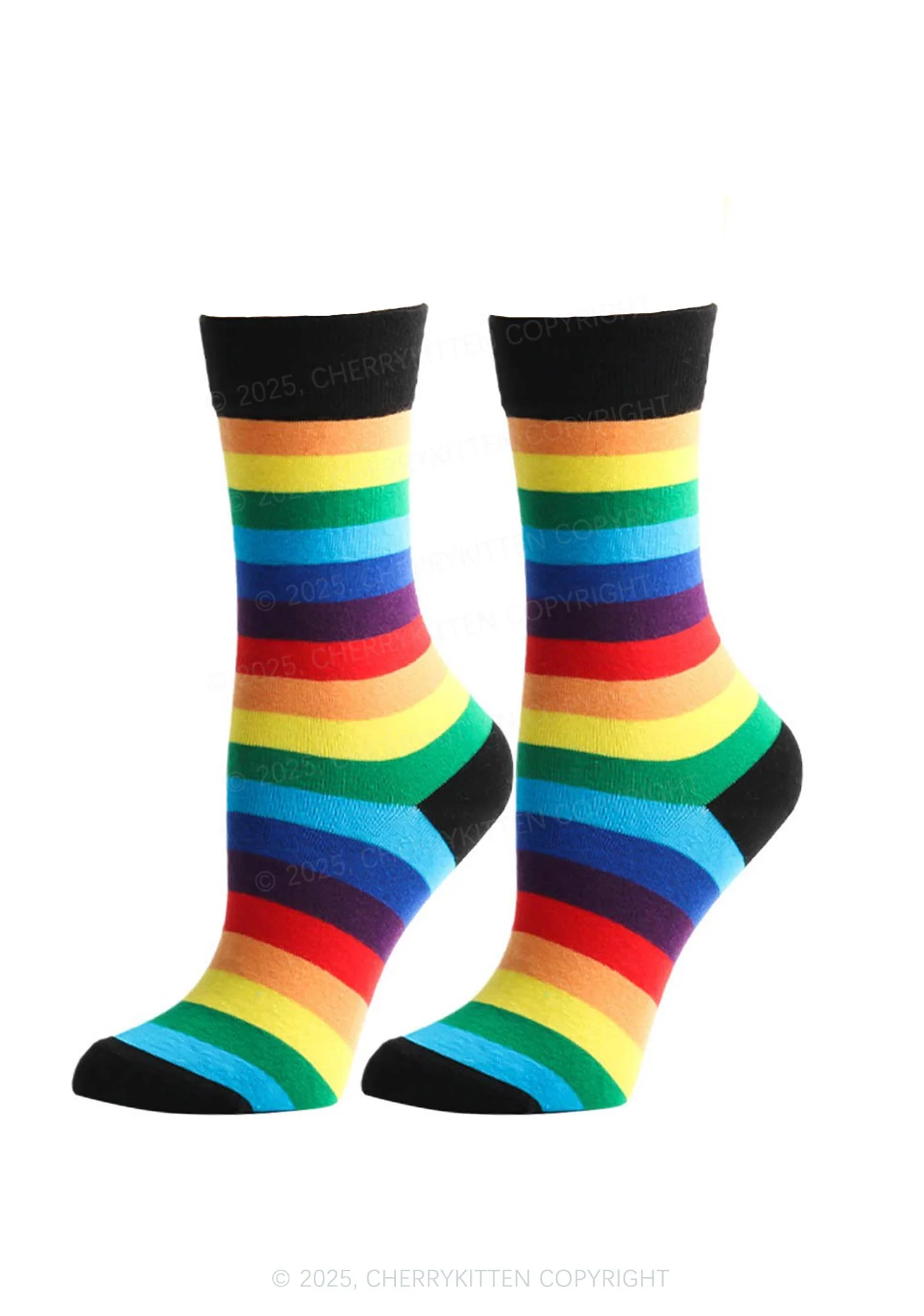 Rainbow Striped Pride Y2K Mid Calf Socks Cherrykitten - Image 2