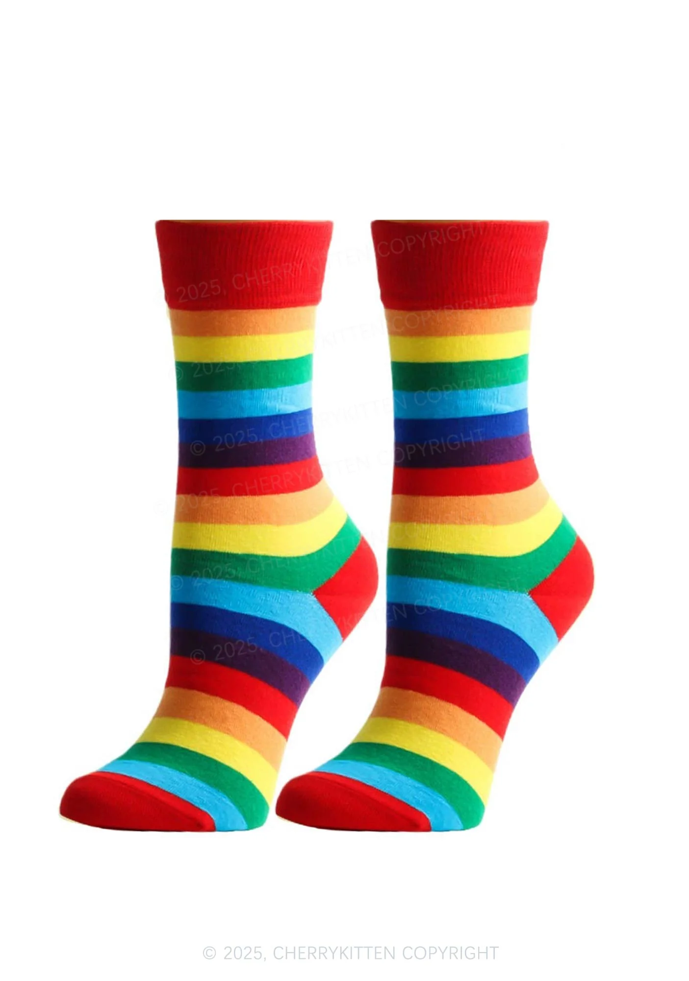 Rainbow Striped Pride Y2K Mid Calf Socks Cherrykitten - Image 3