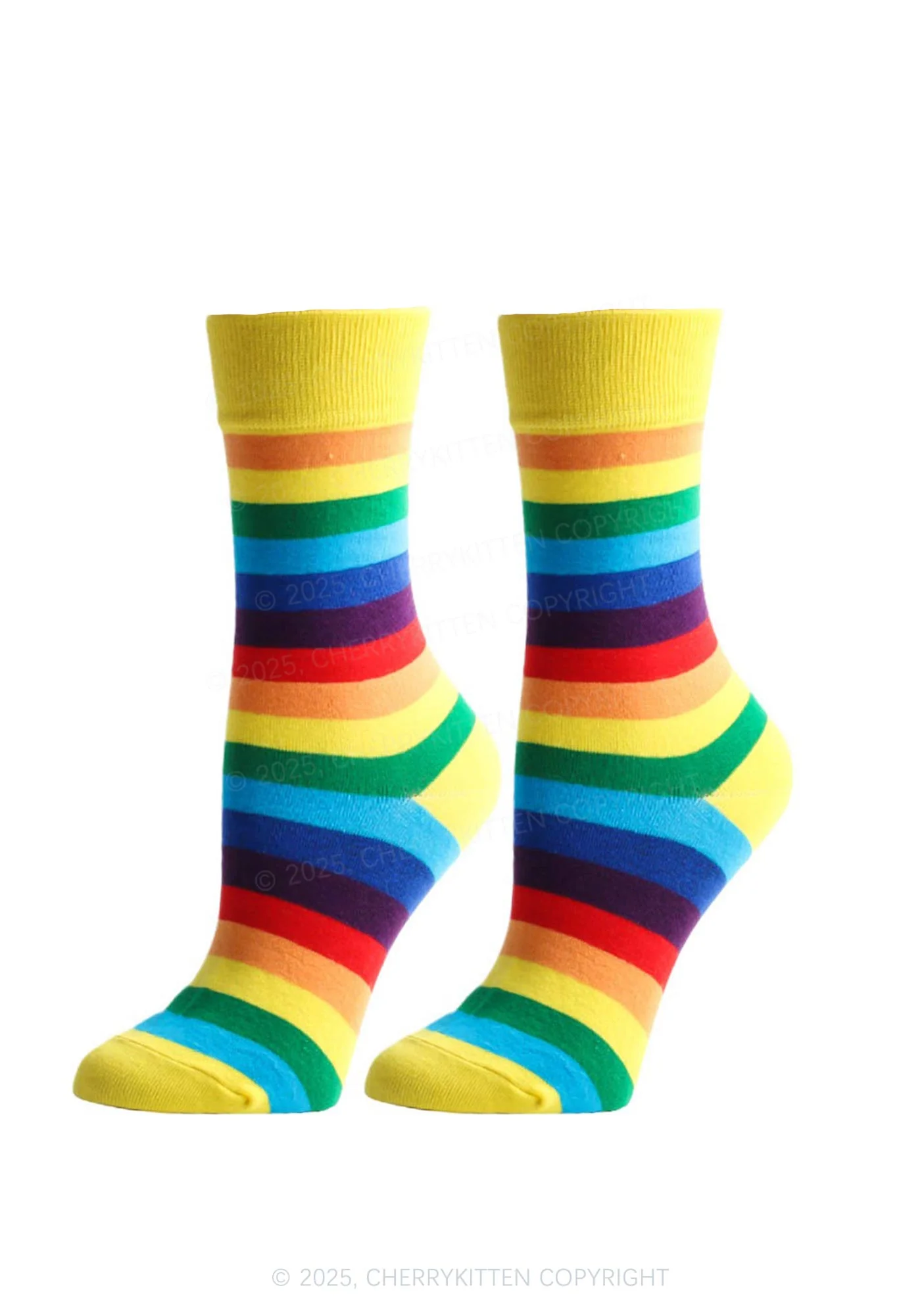 Rainbow Striped Pride Y2K Mid Calf Socks Cherrykitten - Image 4