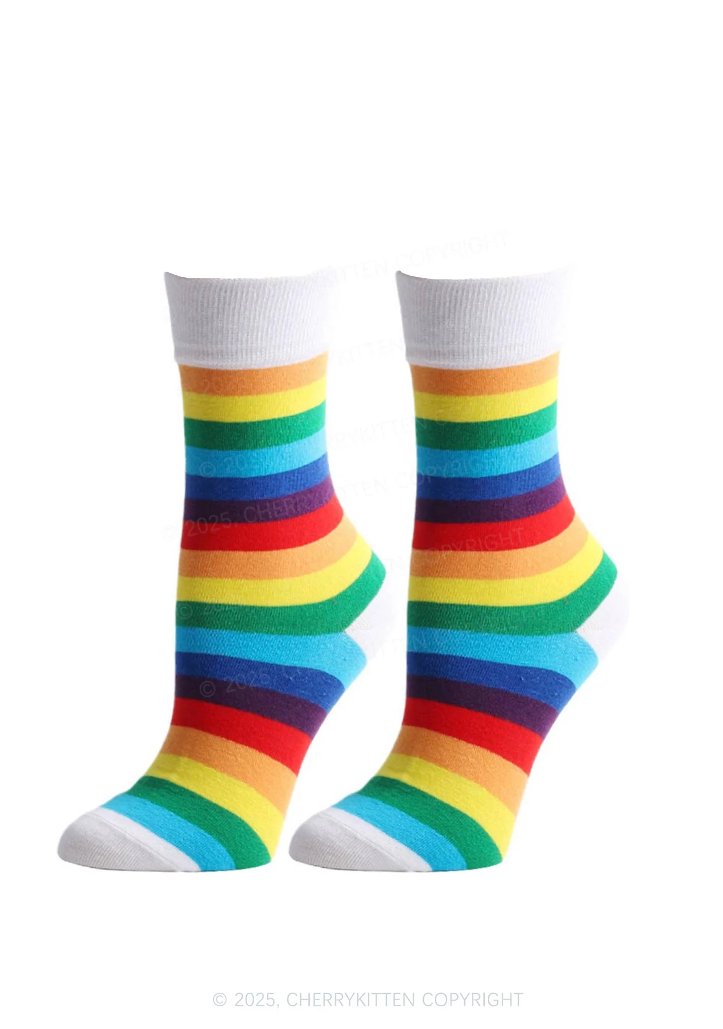 Rainbow Striped Pride Y2K Mid Calf Socks Cherrykitten - Image 5