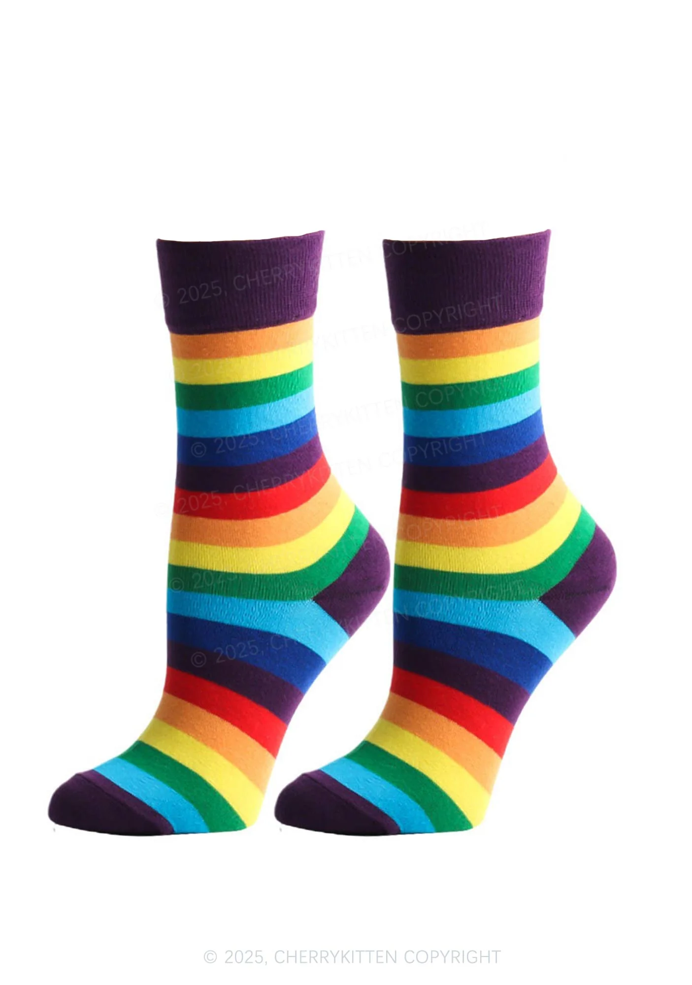 Rainbow Striped Pride Y2K Mid Calf Socks Cherrykitten - Image 7