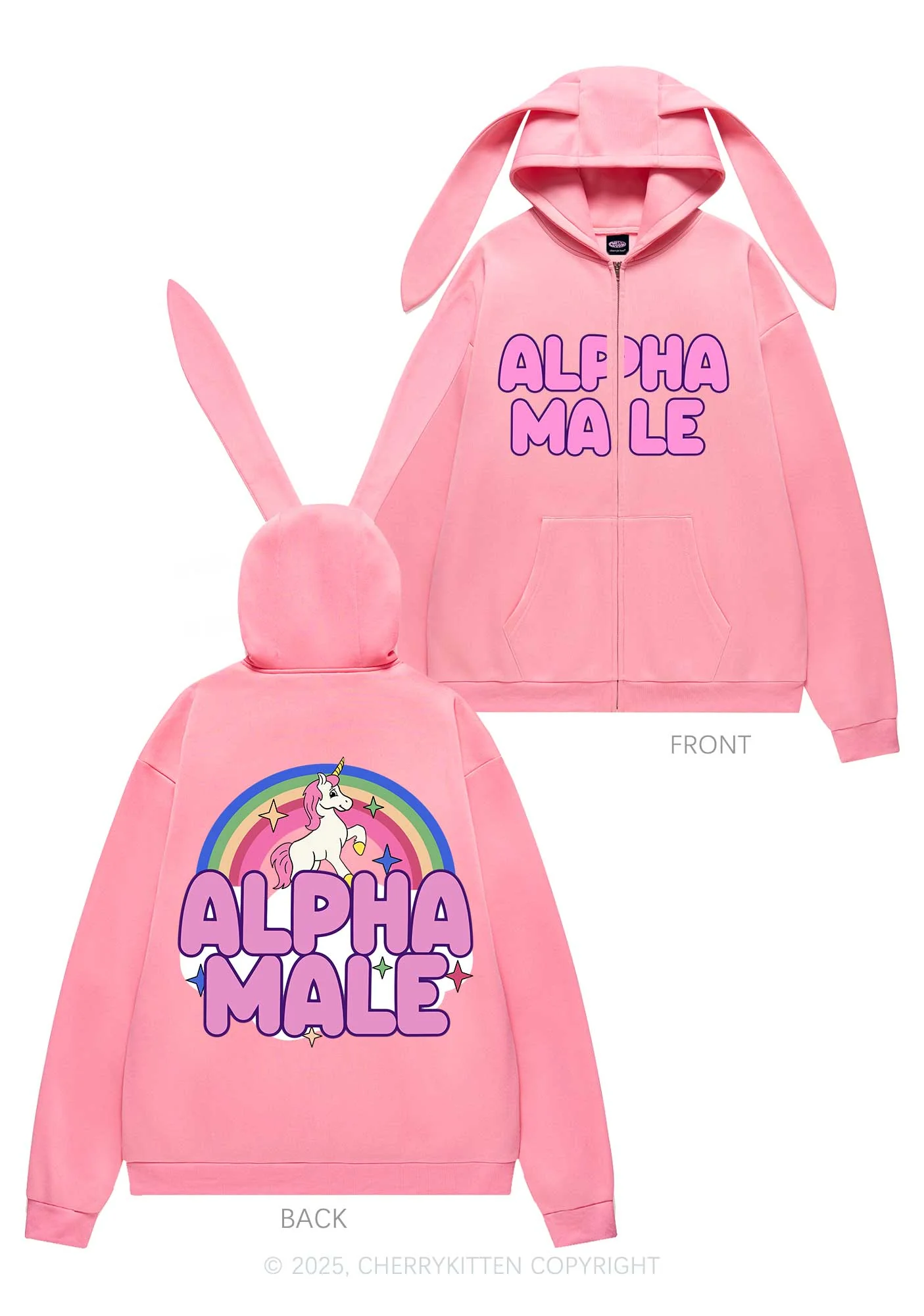 Rainbow Unicorn Alpha Male Y2K Bunny Ear Zip Hoodie Cherrykitten - Image 4