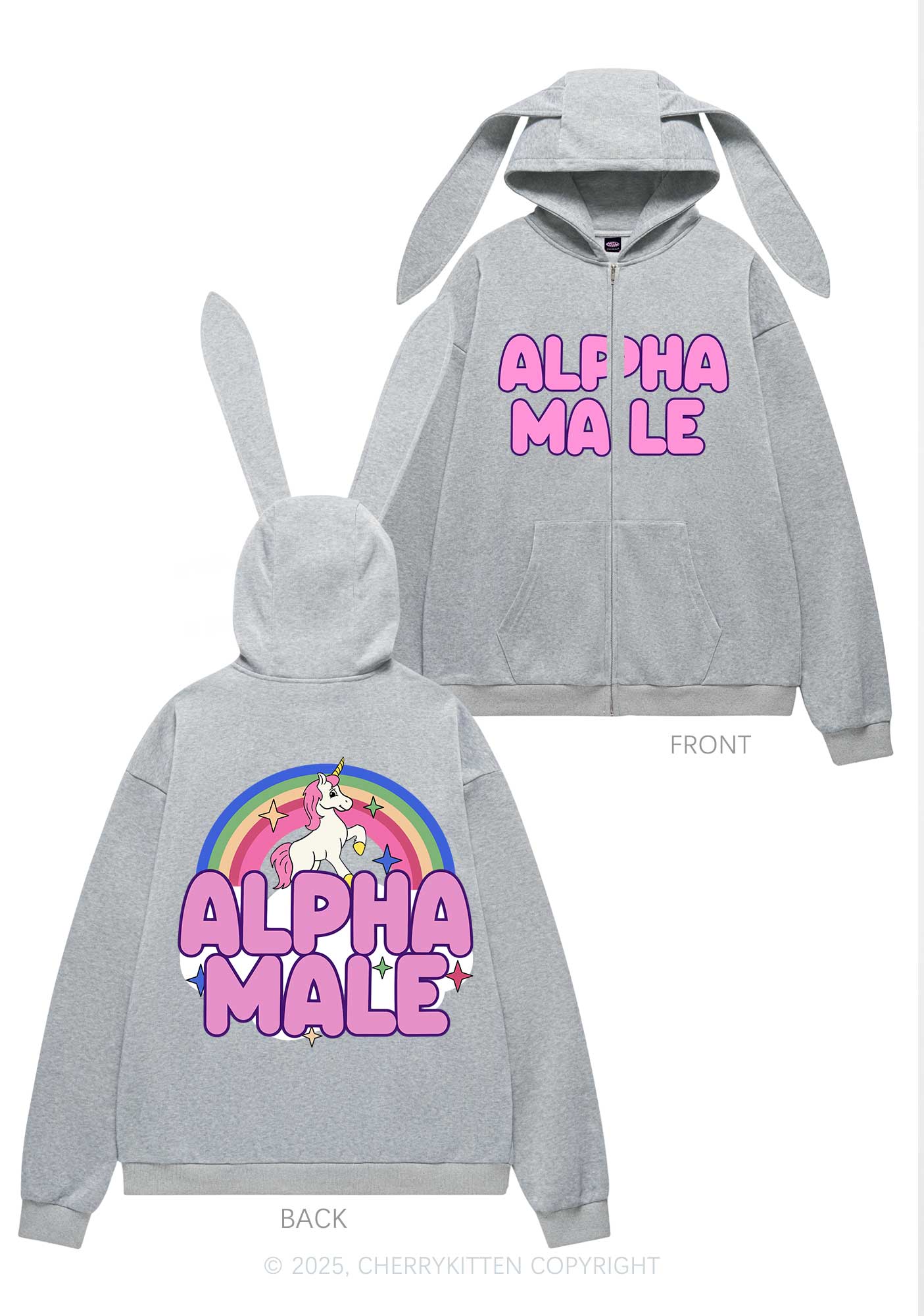 Rainbow Unicorn Alpha Male Y2K Bunny Ear Zip Hoodie Cherrykitten - Image 5
