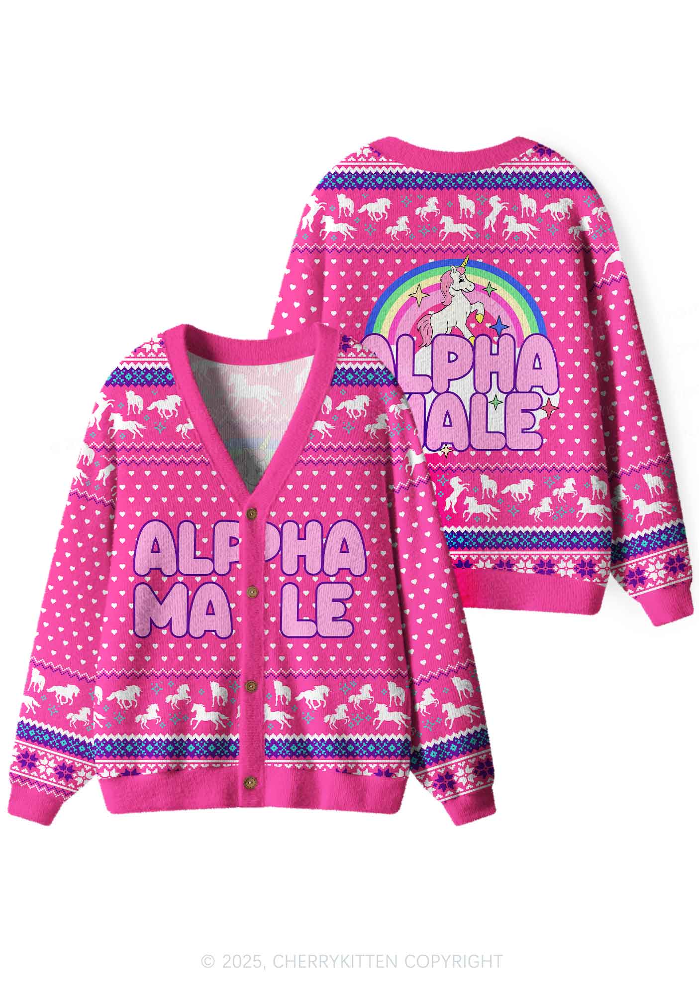 Rainbow Unicorn Alpha Male Y2K Christmas Cardigan Knit Sweatshirt Cherrykitten - Image 3