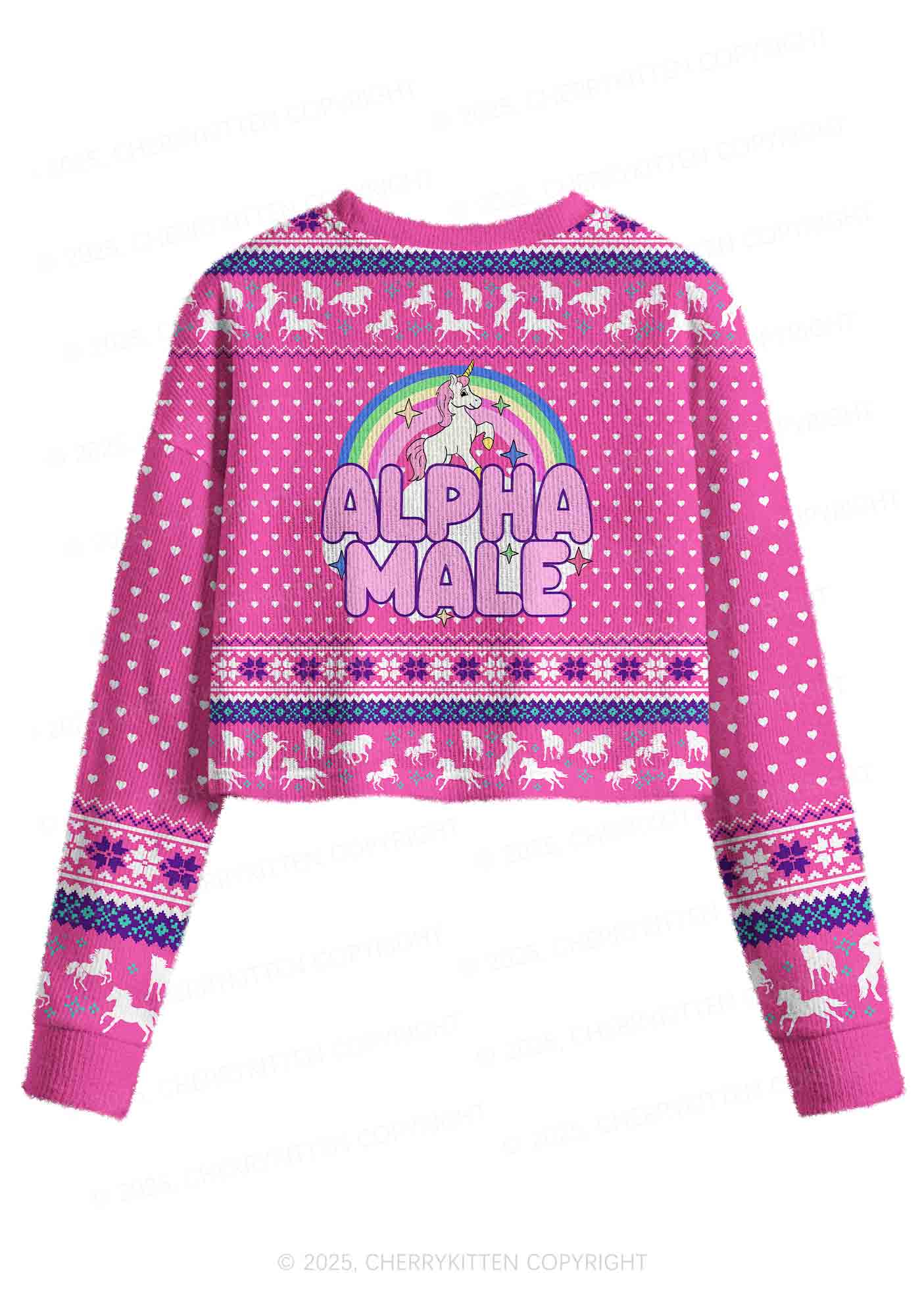 Rainbow Unicorn Alpha Male Y2K Christmas Crop Knit Sweatshirt Cherrykitten - Image 2